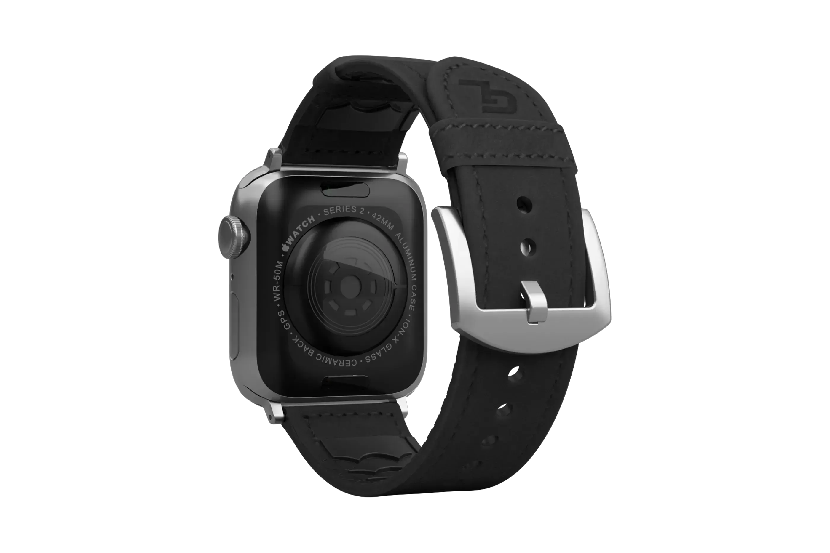 Vulcan Obsidian Black Leather apple watch band with silver hardware viewed from top down