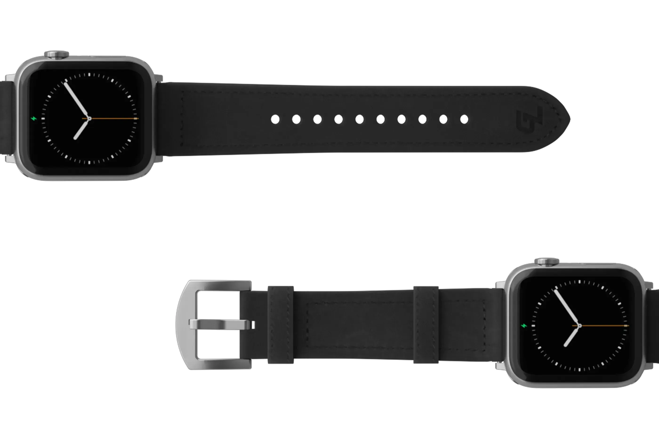 Vulcan Obsidian Black Leather Apple watch band  with silver hardware viewed top down