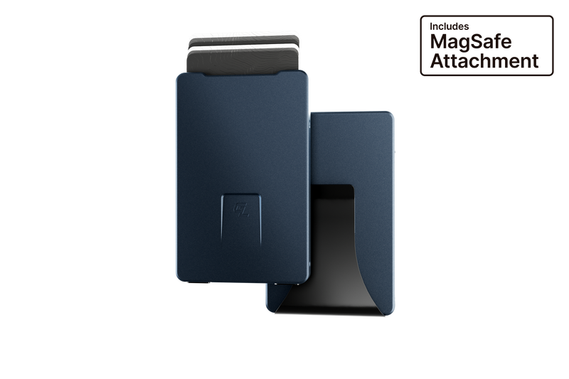 Blue phone case with MagSafe attachment on a white background