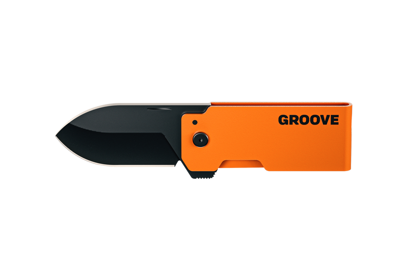 An orange and black folding pocket knife with the brand name 'GROOVE' printed in black on the orange handle, shown against a plain white background.