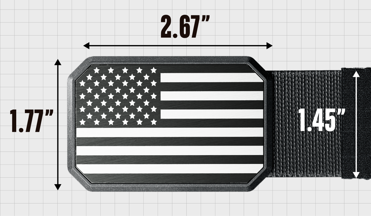 Groove Belt buckle is 2.67 inches wide by 1.77 inches tall; webbing is 1.45 inches wide.