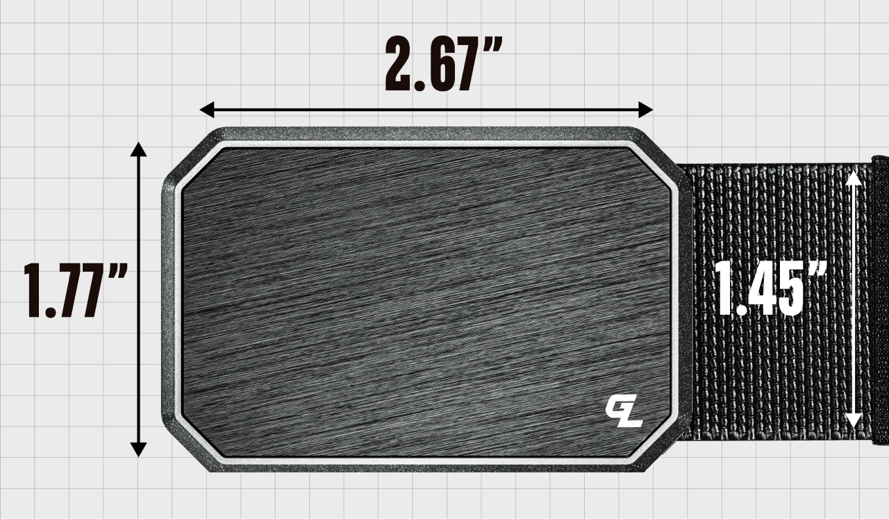 Groove Belt buckle is 2.67 inches wide by 1.77 inches tall; webbing is 1.45 inches wide.