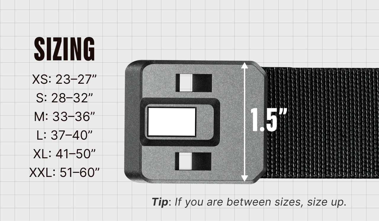 Groove Belt clasp is 1.5 inches tall. Sizes range from XS at 23–27 inches through XXL at 51–60 inches; size up if between sizes.