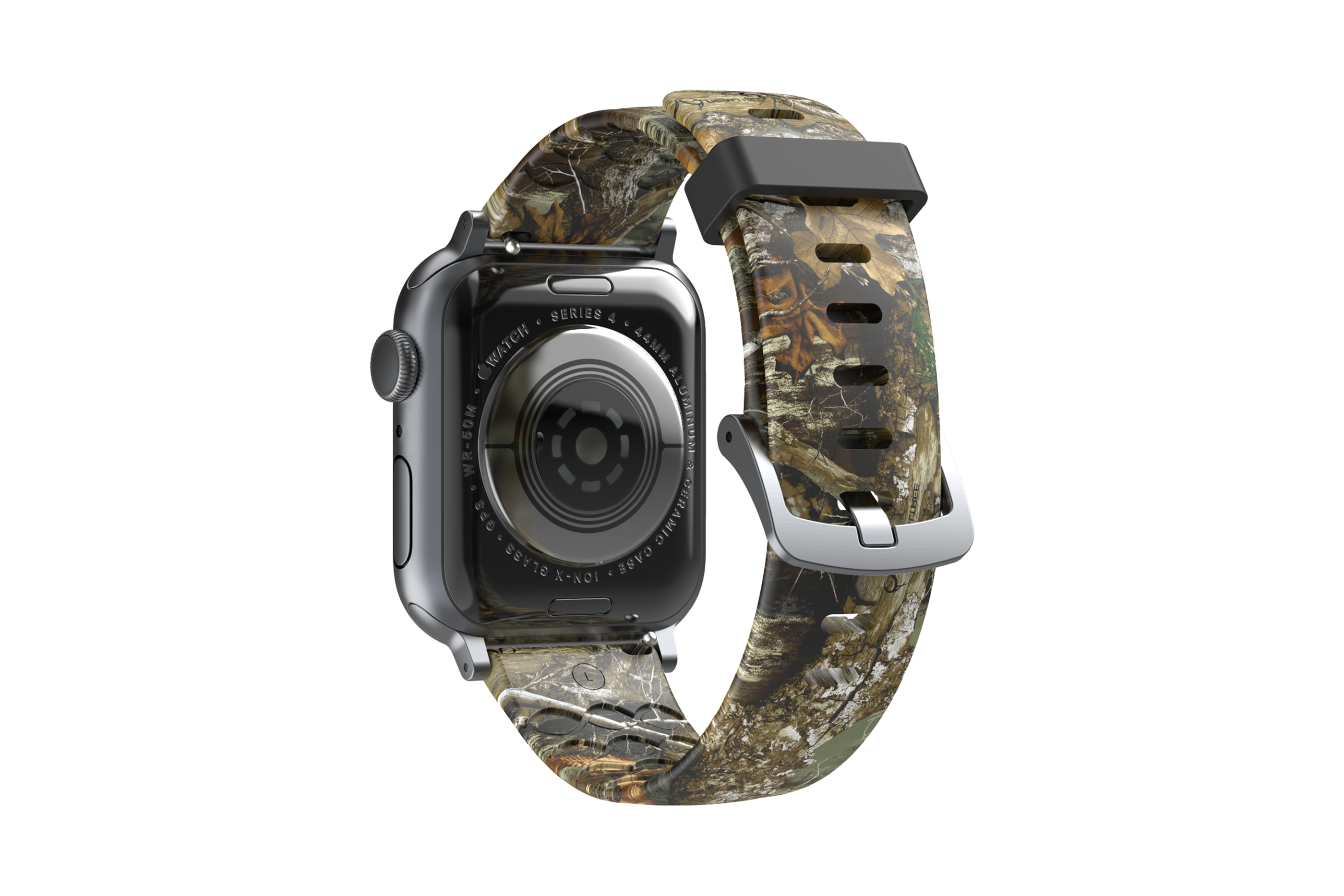 Realtree Edge Apple Watch band with silver hardware viewed top down