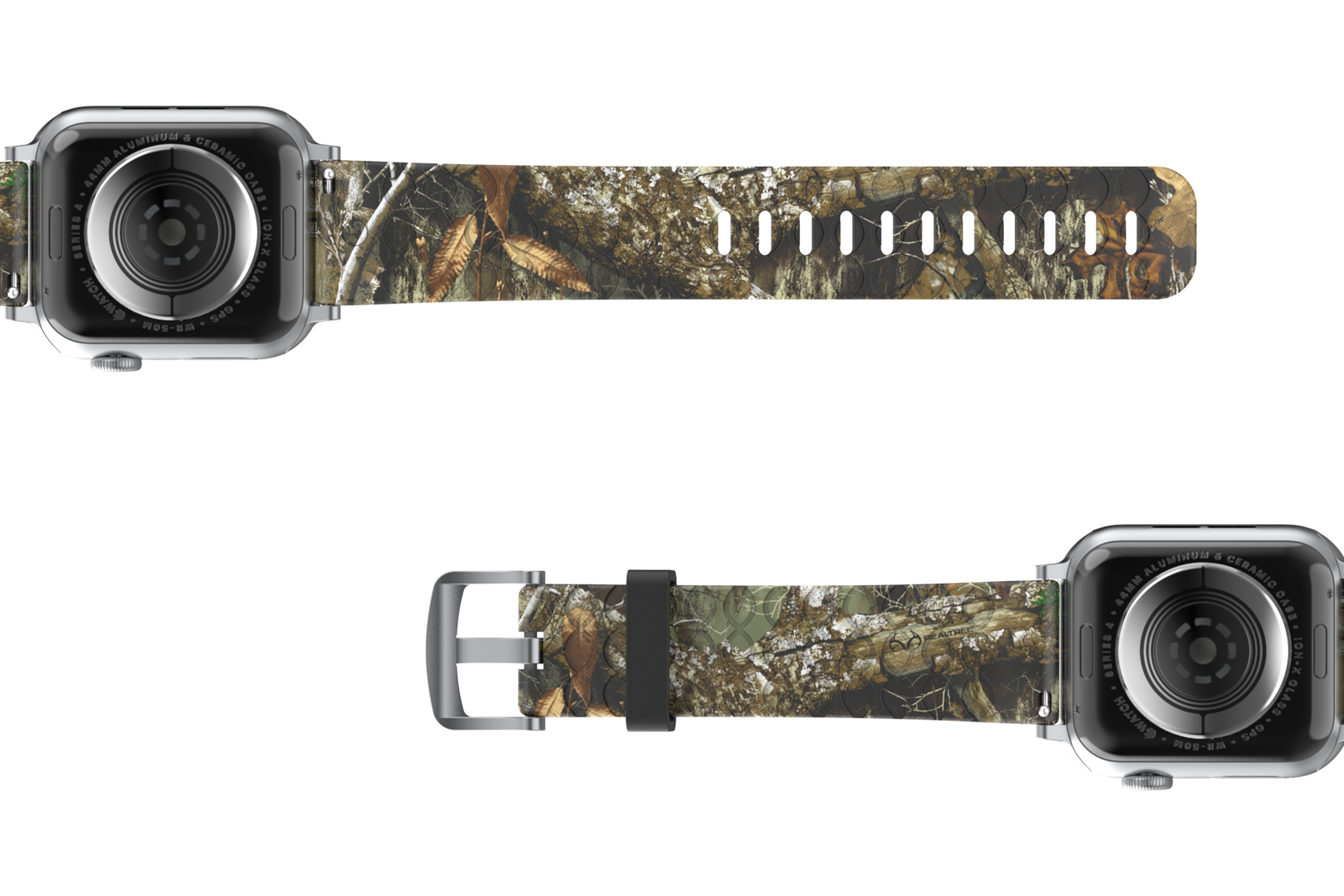 Realtree Edge Apple Watch Band with silver hardware viewed from top down