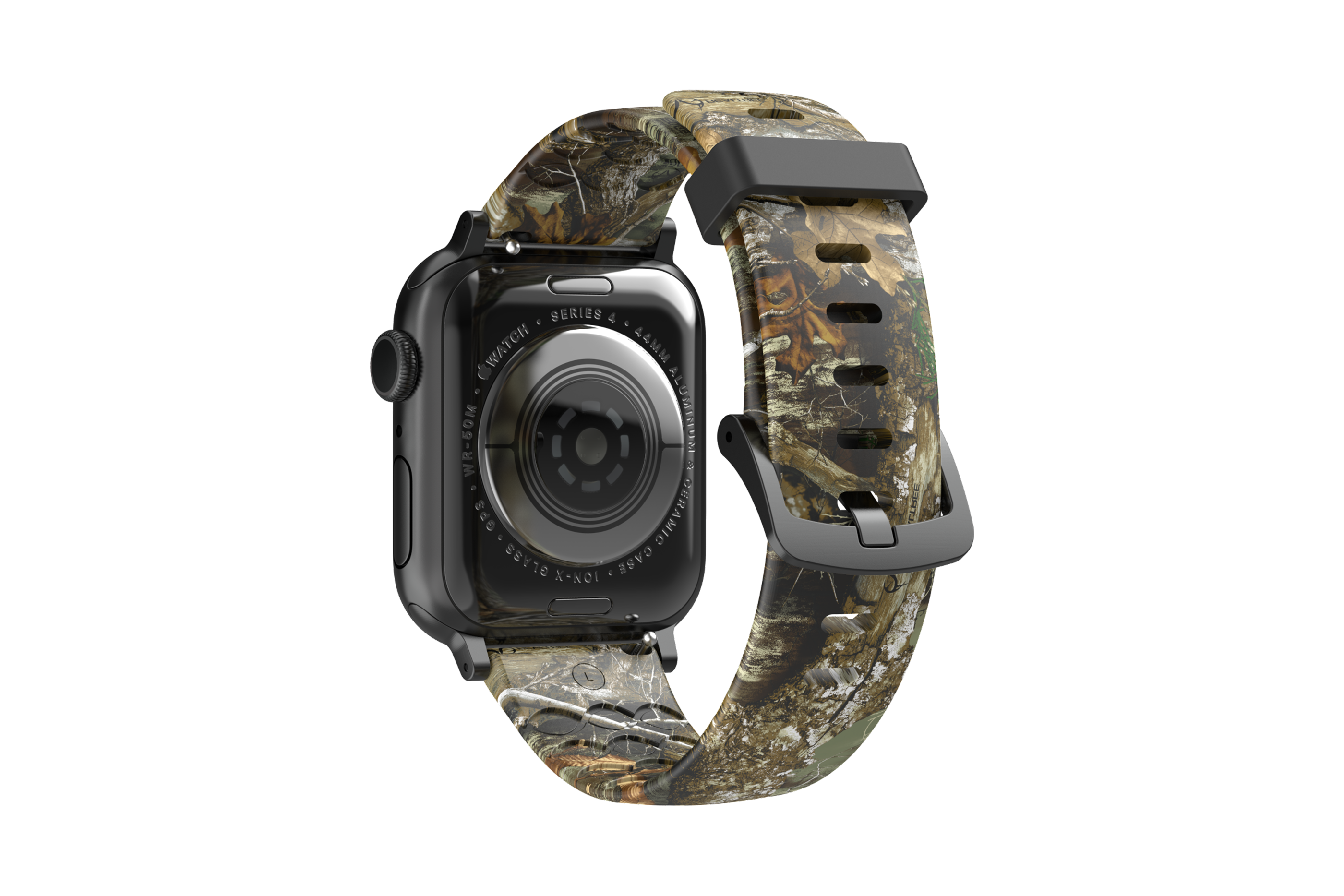 Realtree Edge Apple Watch Band with gray hardware viewed from top down