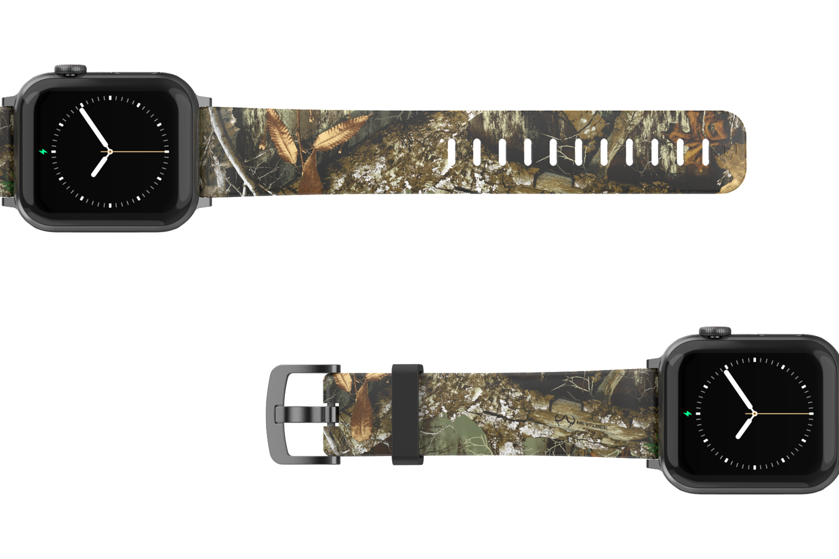 Realtree Edge Apple Watch Band with gray hardware viewed bottom up
