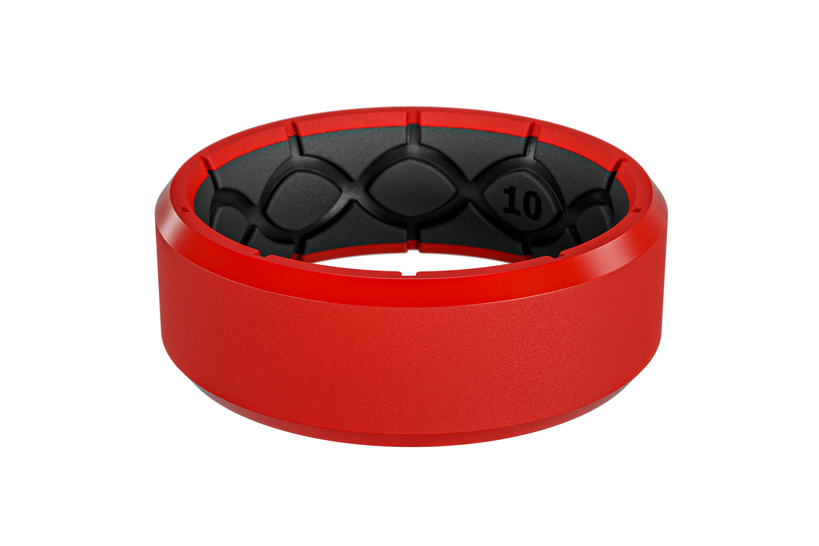 Red and black circular object with a central black component on a white background
