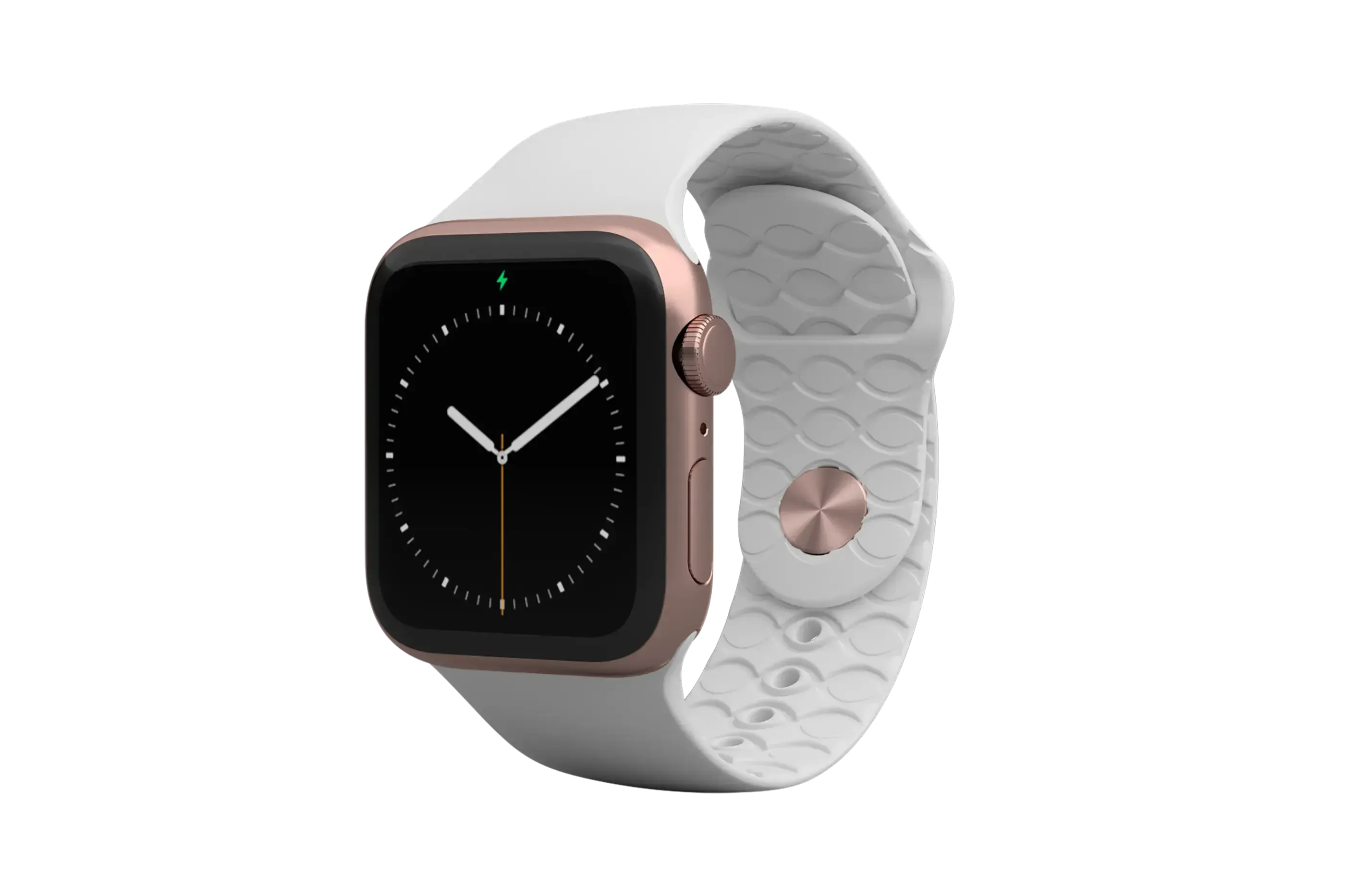 Apple Watch Band Solid White with rose gold hardware viewed front on 