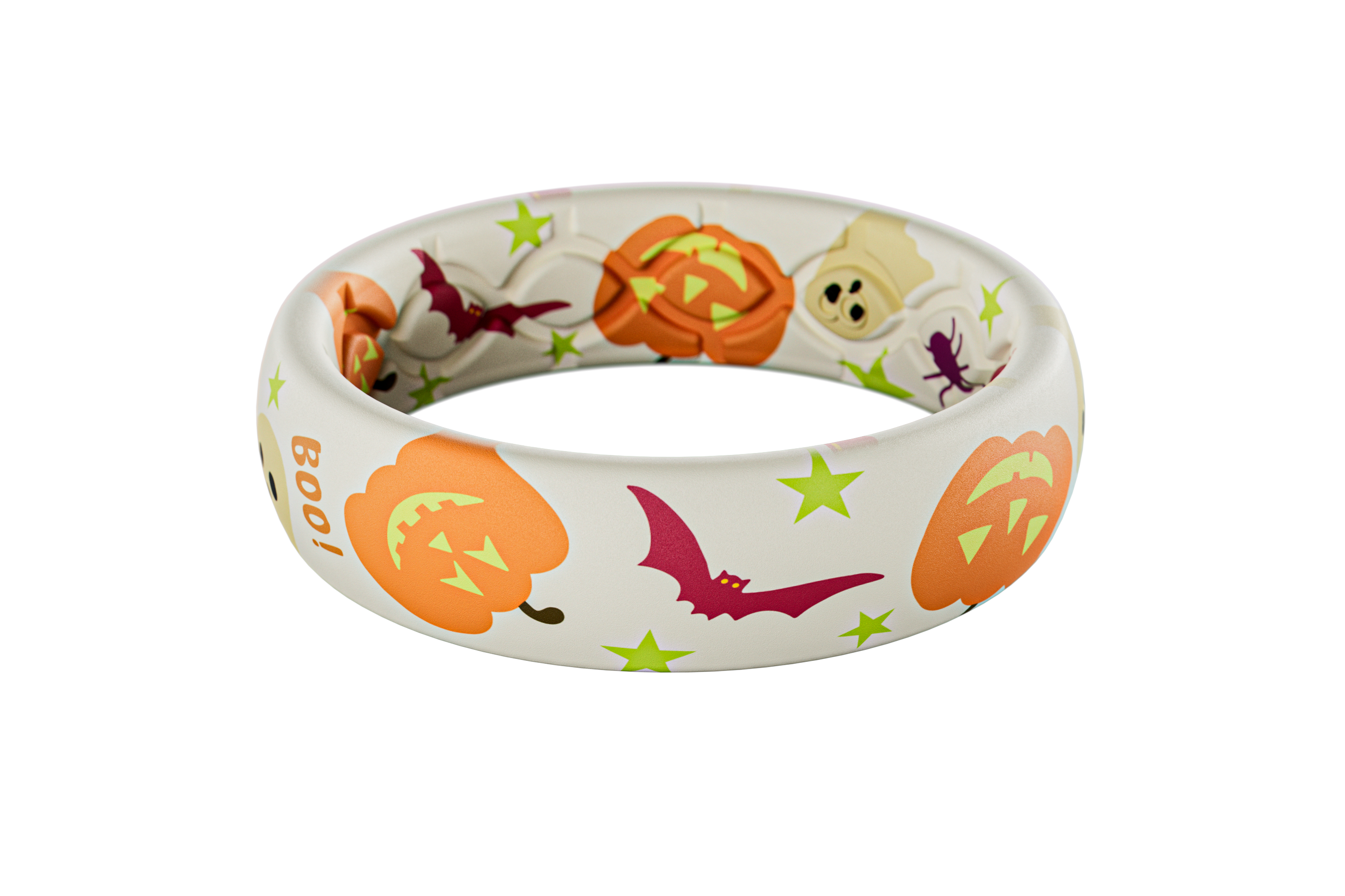Children's Halloween-themed wristband with pumpkins, ghosts, and bats on a white background
