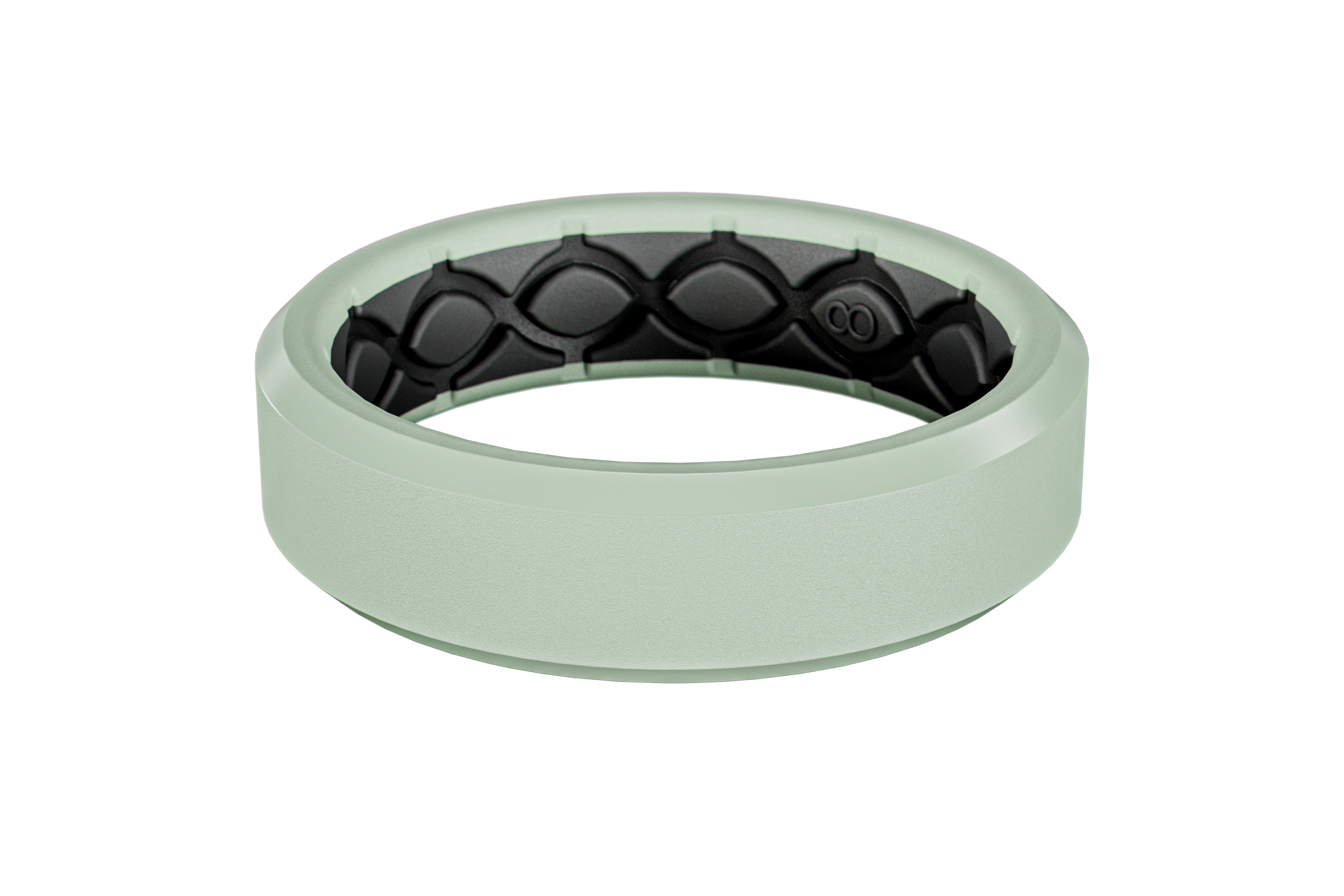 Ring with black woven design on a light green band against a white background