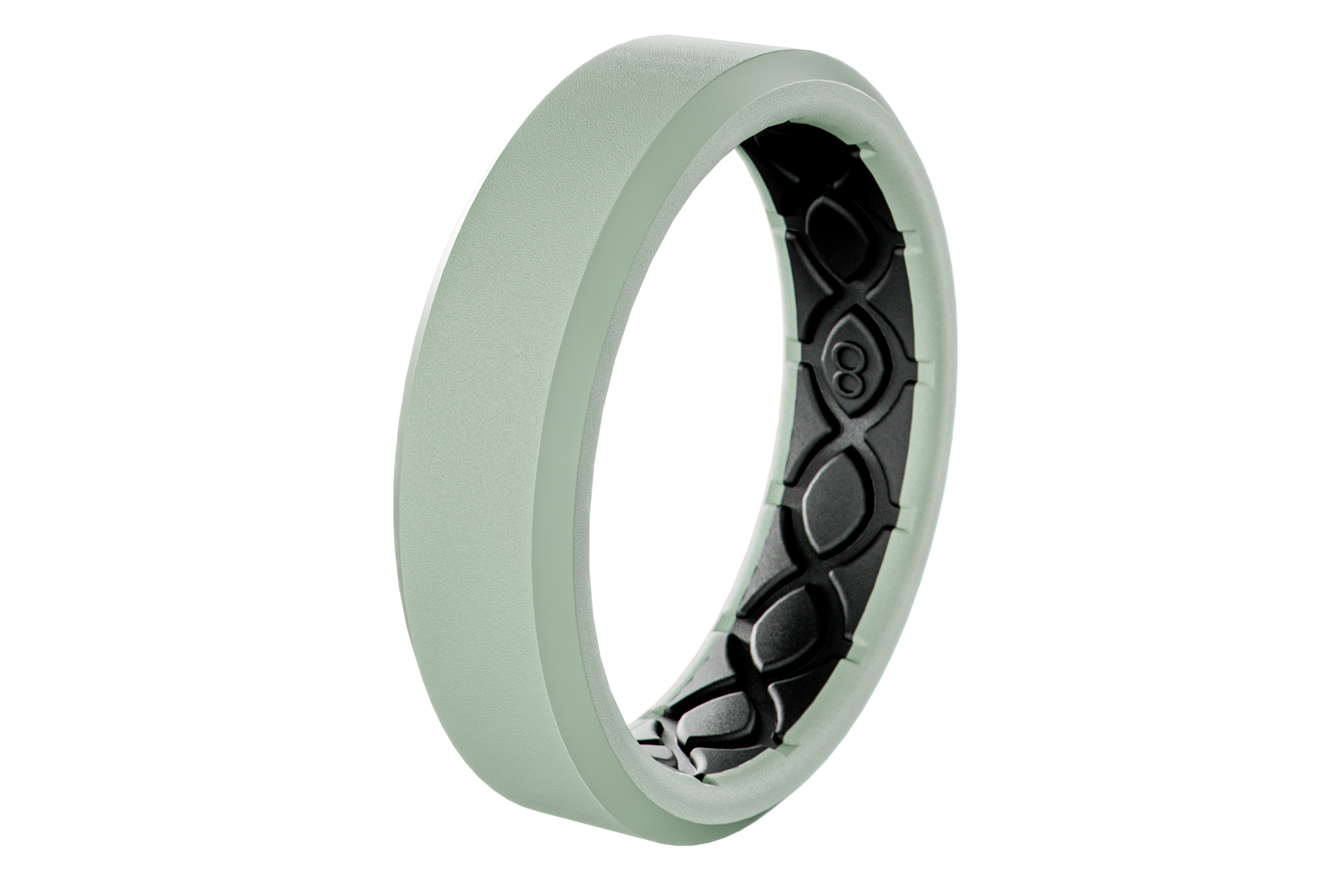 Mint green ring with black geometric design on a white background