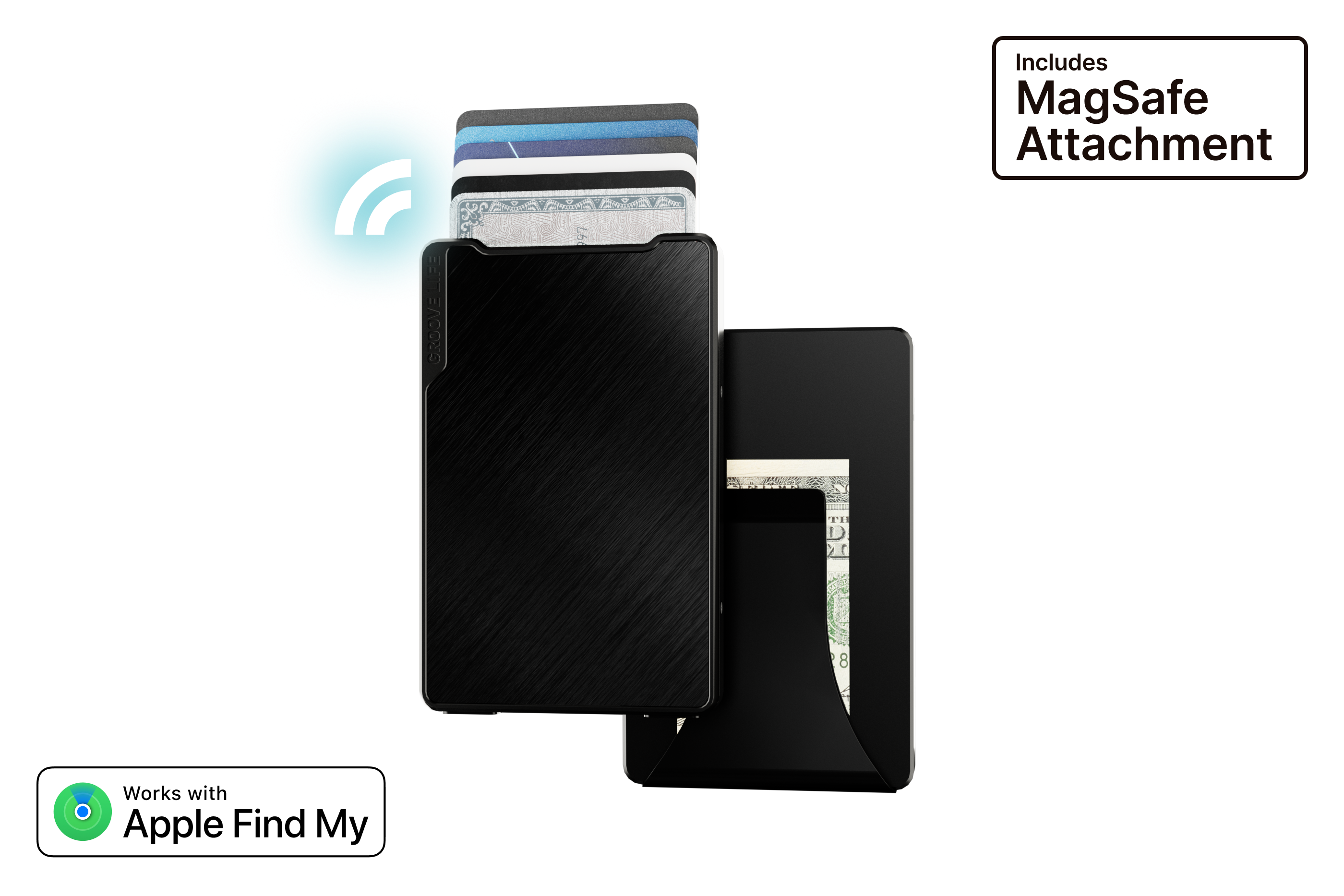 Black wallet with MagSafe attachment and cards on a white background