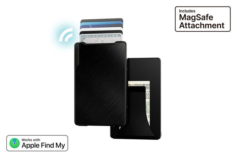 Black wallet with MagSafe attachment and cards on a white background