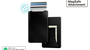 Black wallet with MagSafe attachment and cards on a white background