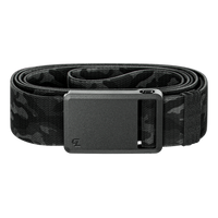 Black belt with camouflage pattern and quick-release buckle on a white background