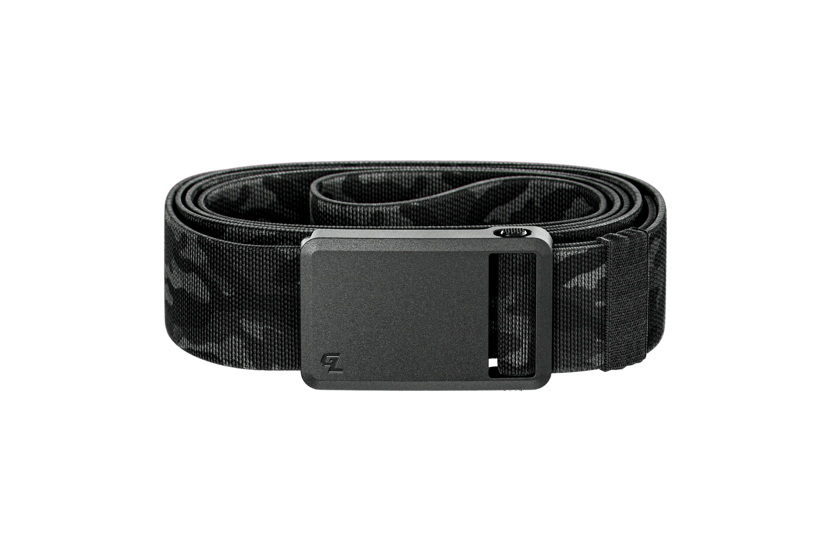 Black camouflage belt with a black buckle on a white background