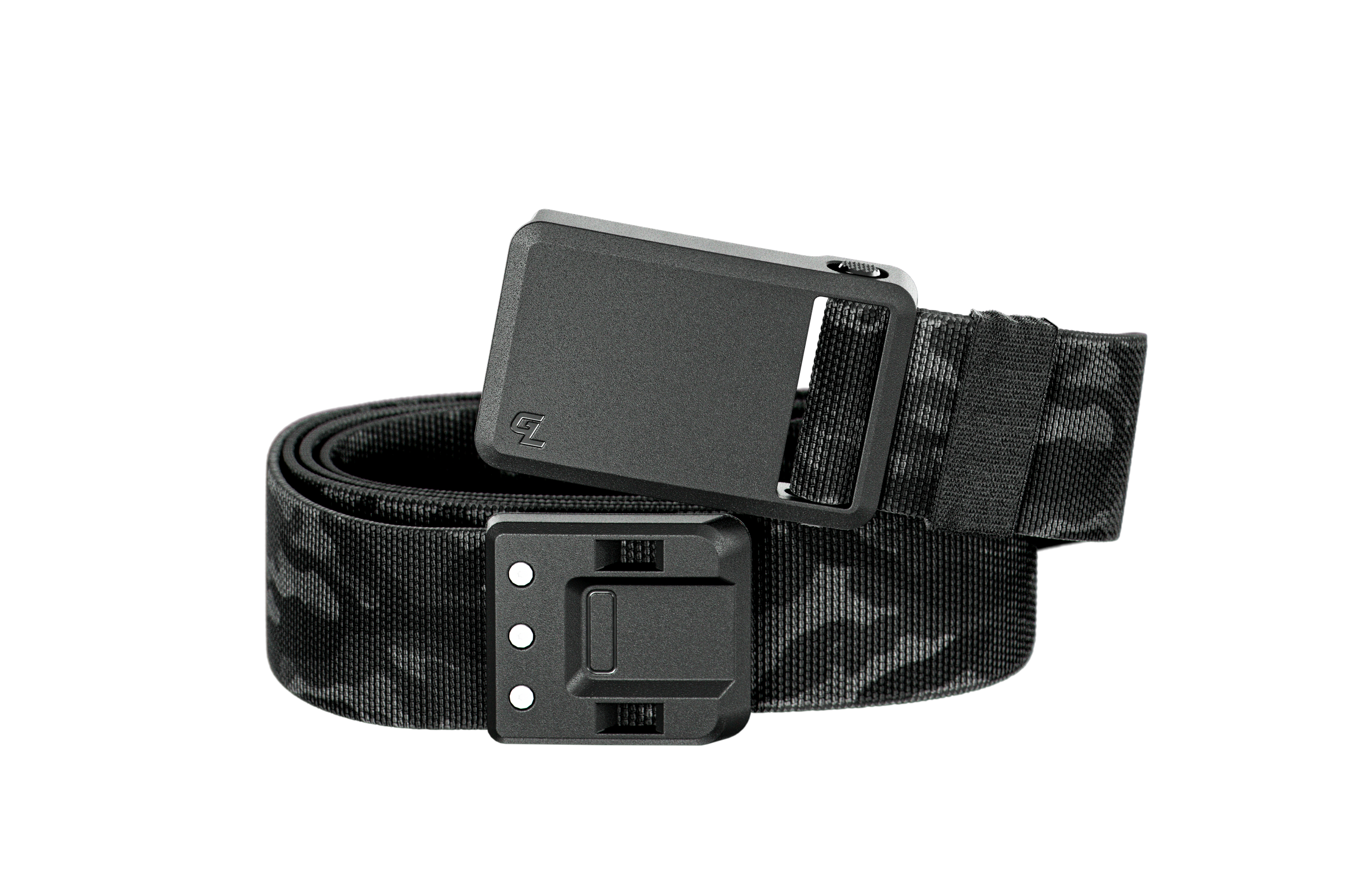 Black camouflage belt with a black buckle on a white background