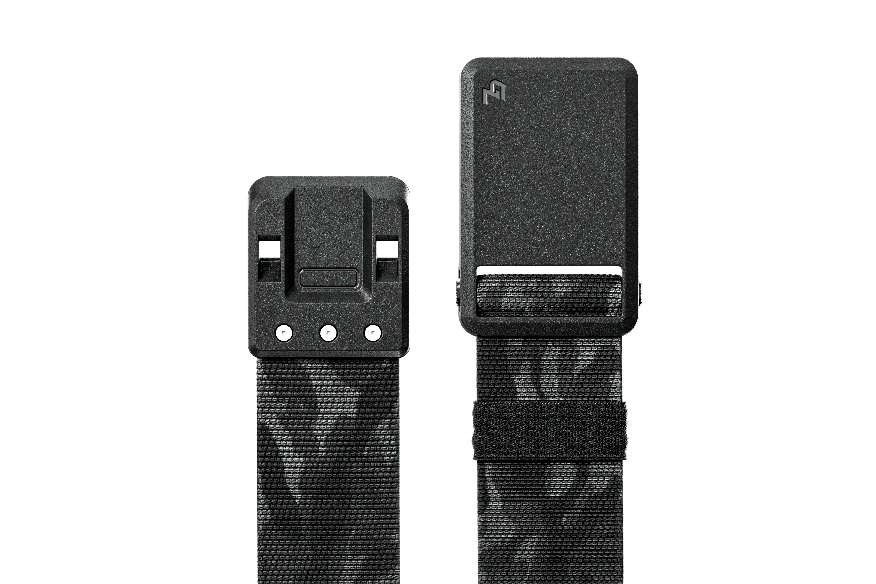 Black belt with camouflage pattern and quick-release buckle on a white background