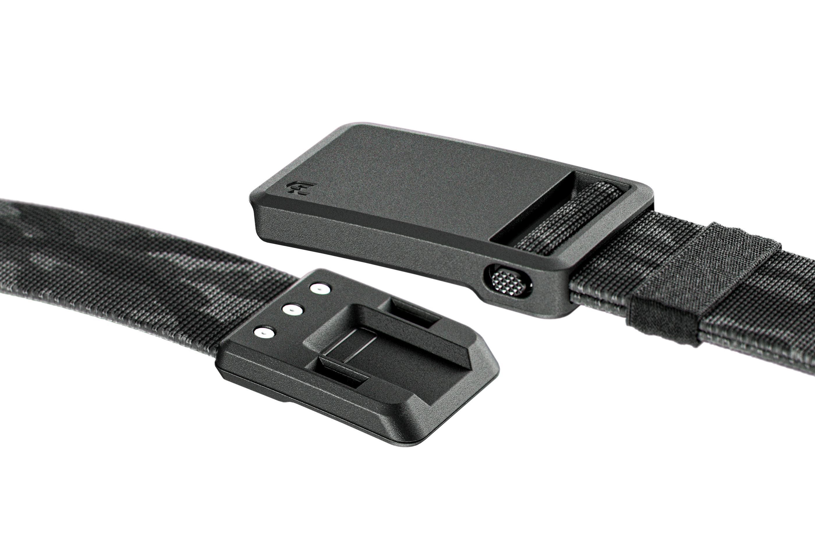 Black camouflage belt with a black buckle on a white background