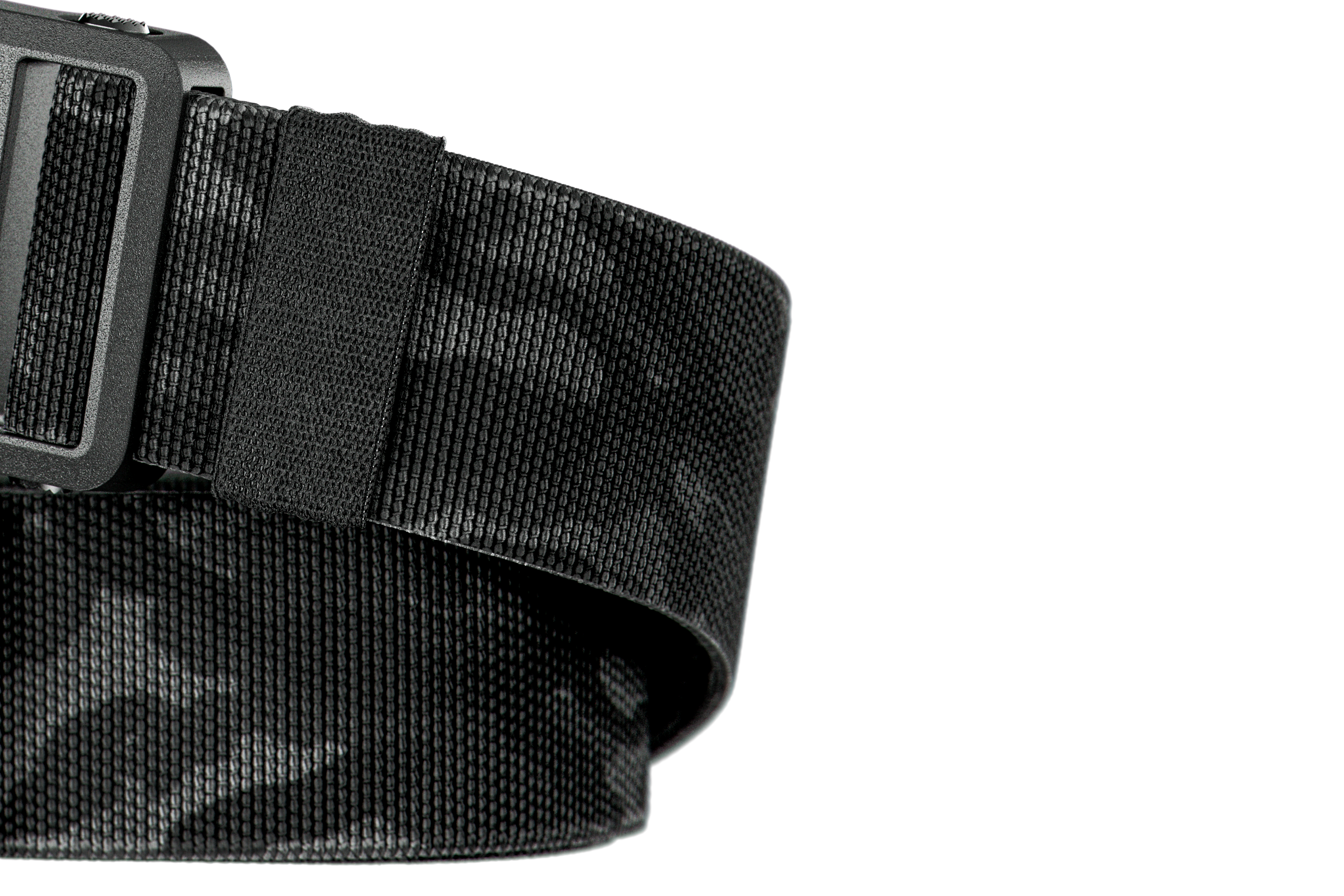 Black camouflage belt with a black buckle on a white background