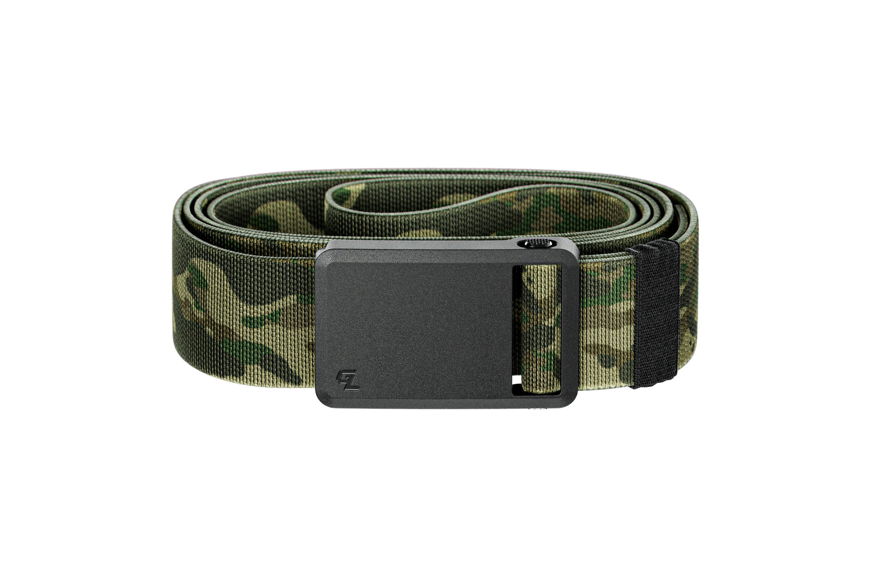 Camouflage belt with a black buckle on a white background
