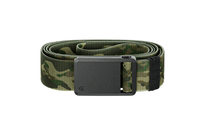 Camouflage belt with a black buckle on a white background