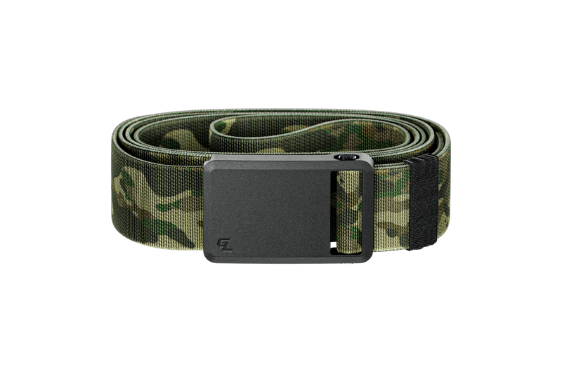 Camouflage belt with a black buckle on a white background