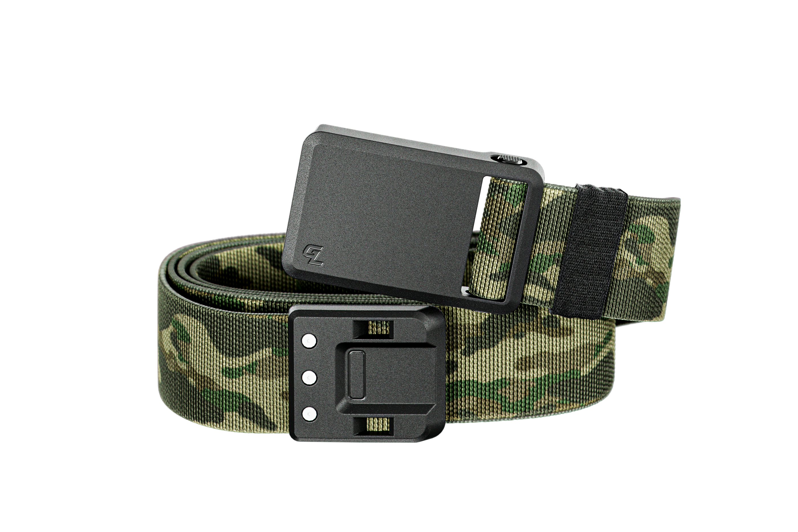 Camouflage belt with a black buckle on a white background
