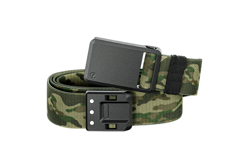 Camouflage belt with a black buckle on a white background