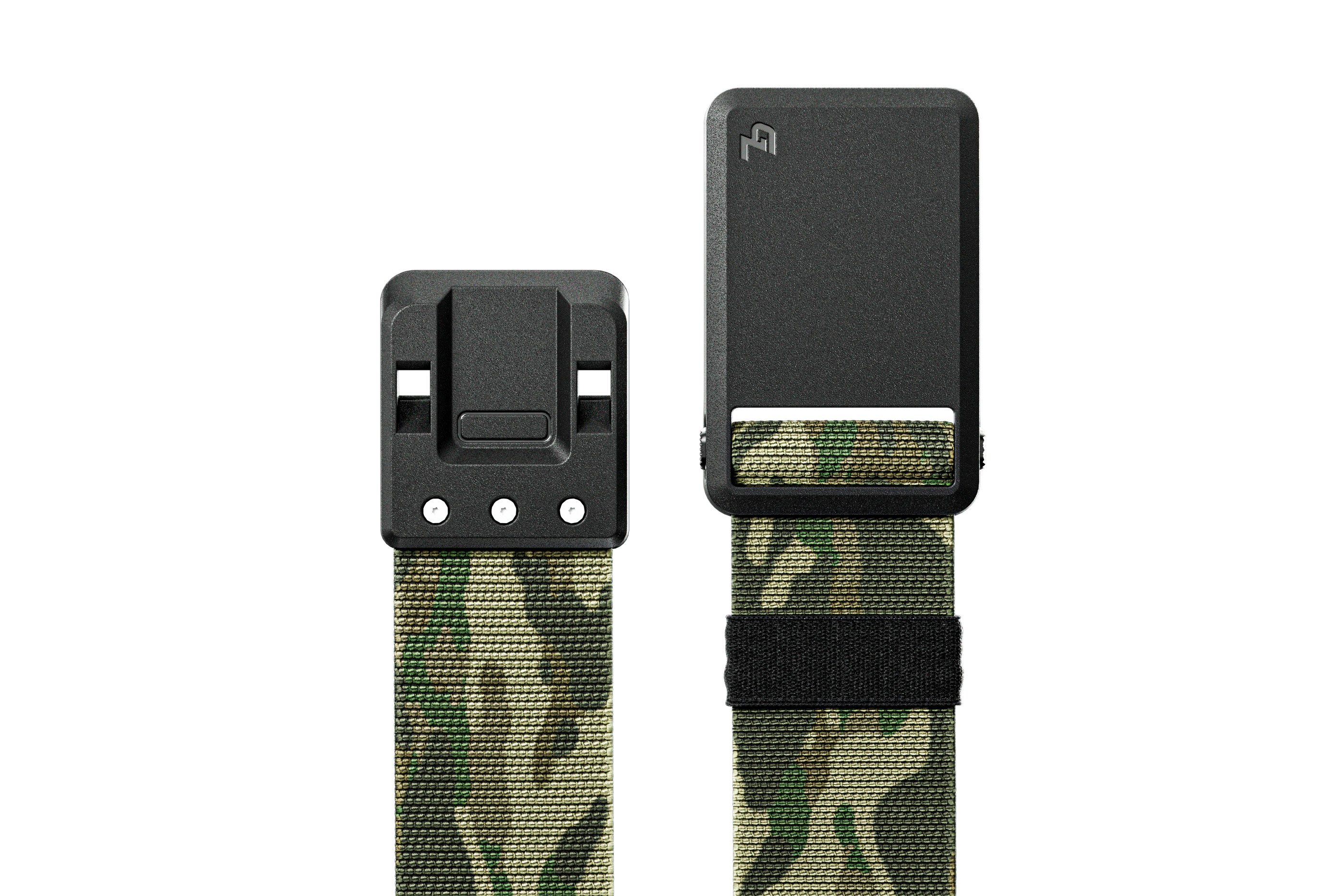 Camouflage belt with a black buckle on a white background