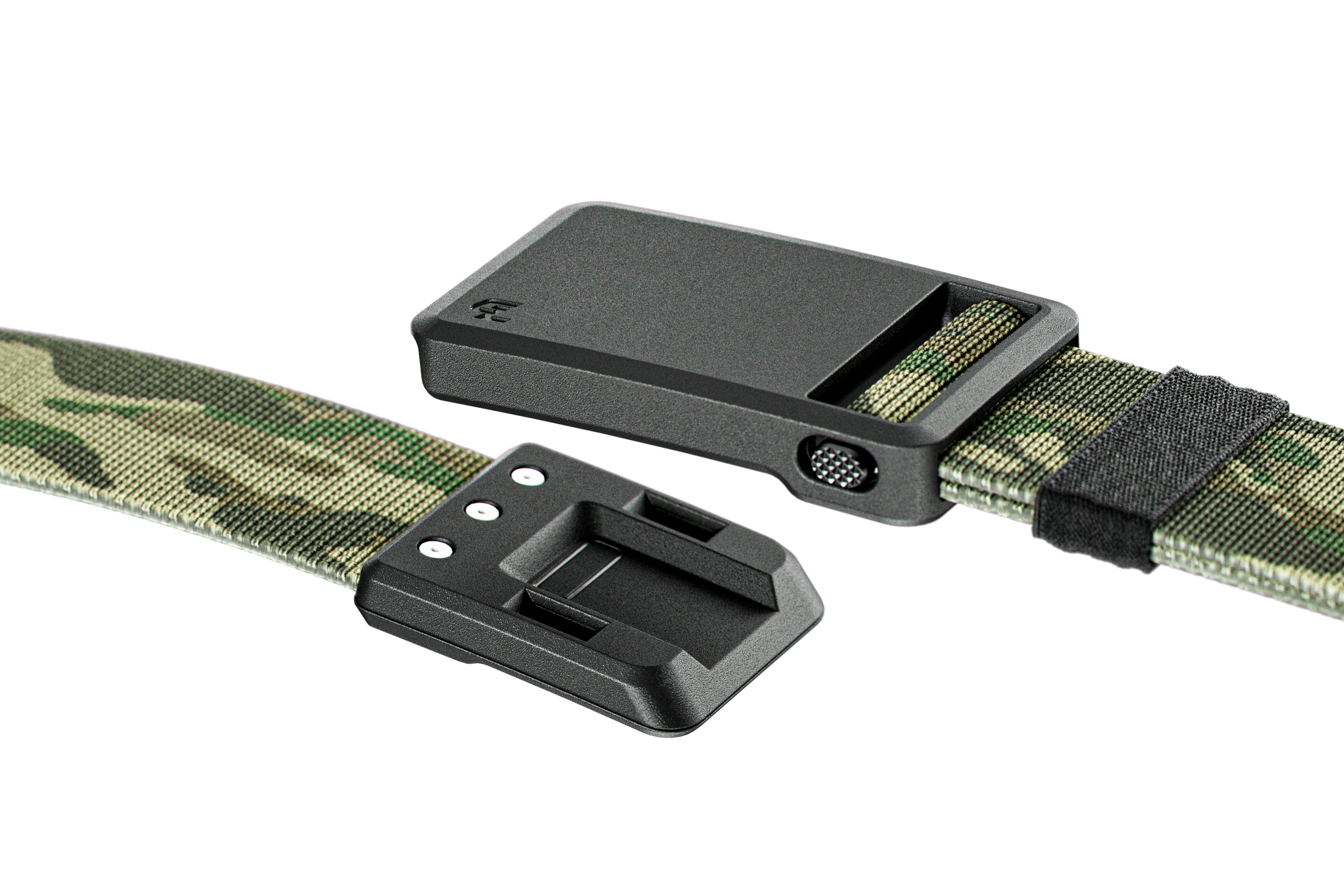 Camouflage belt with a black buckle on a white background