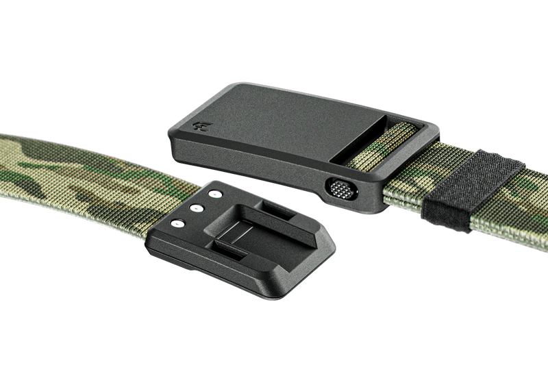 Camouflage belt with a black buckle on a white background