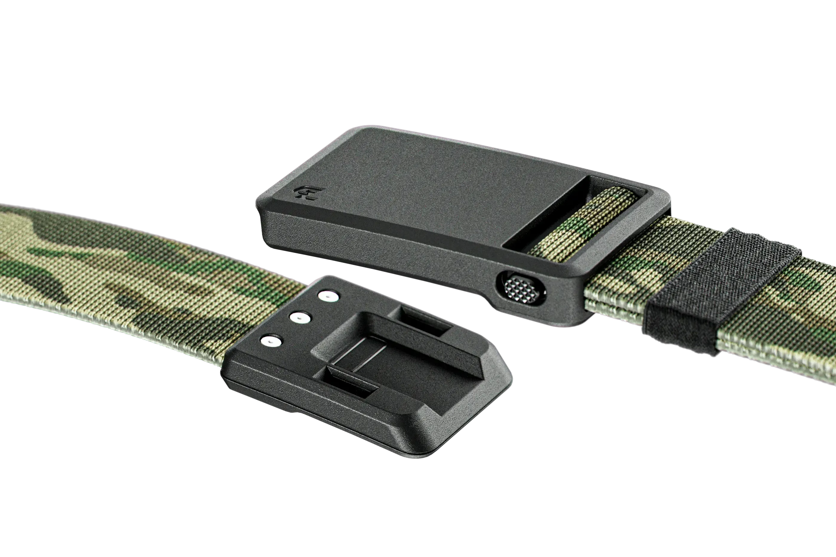 Camouflage belt with a black buckle on a white background