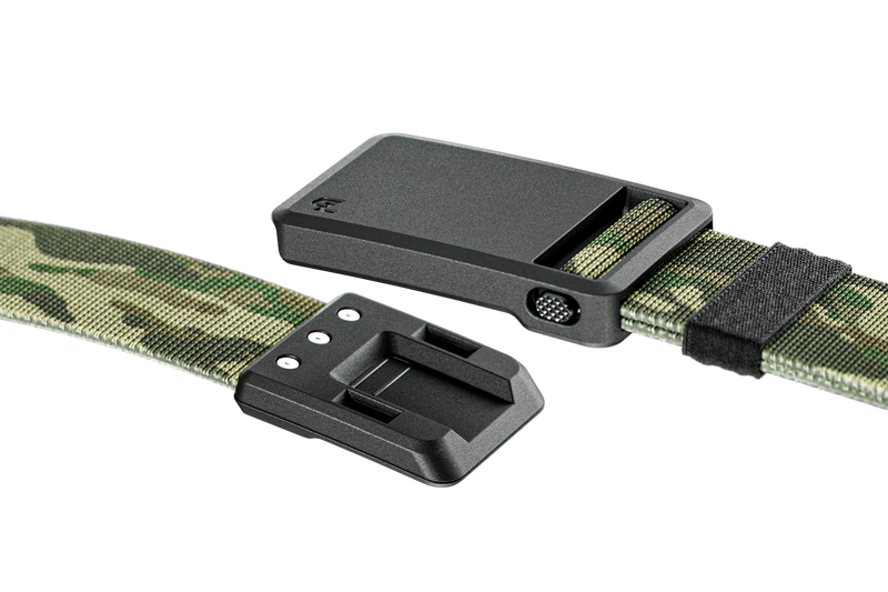 Camouflage belt with a black buckle on a white background
