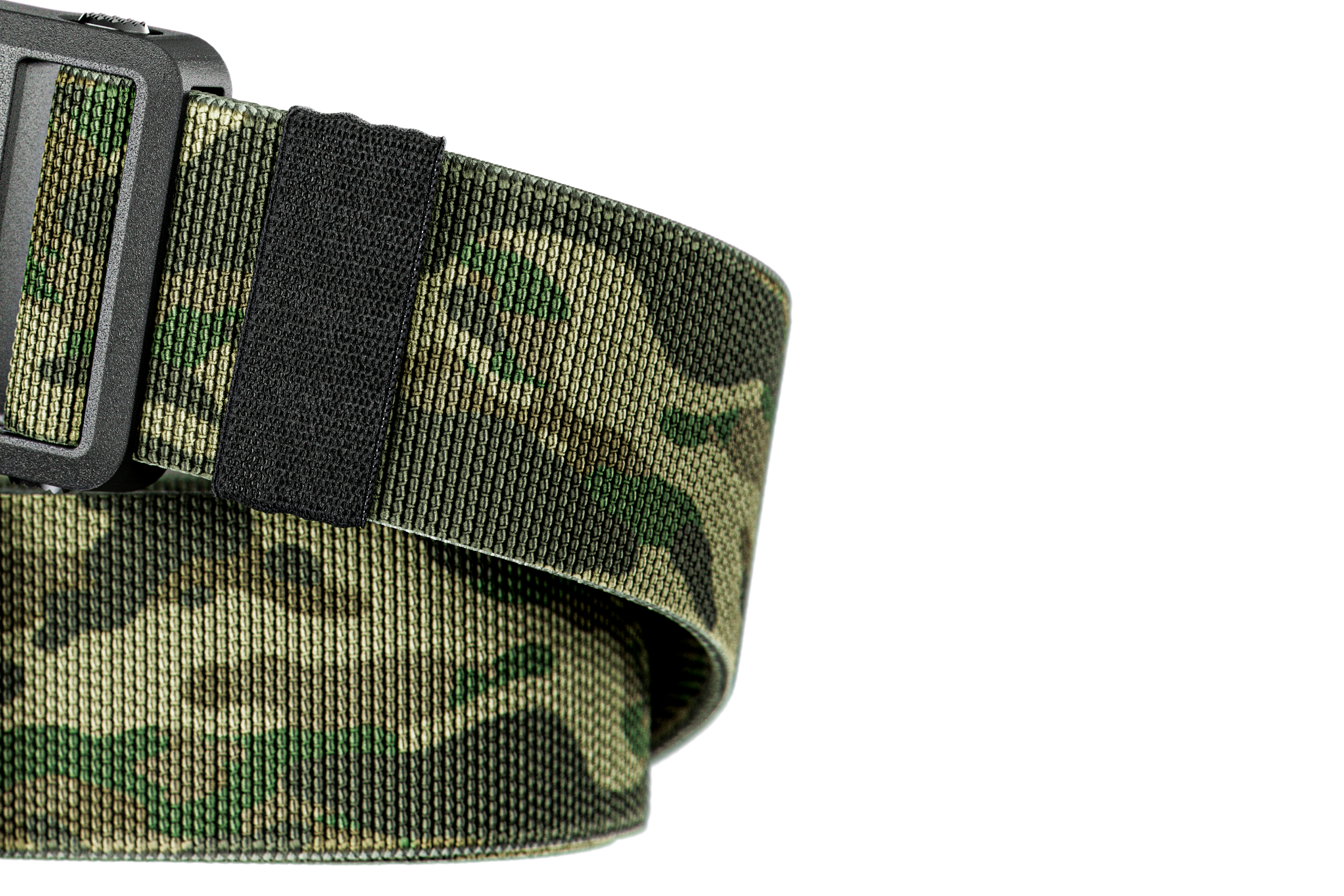 Camouflage belt with a black buckle on a white background