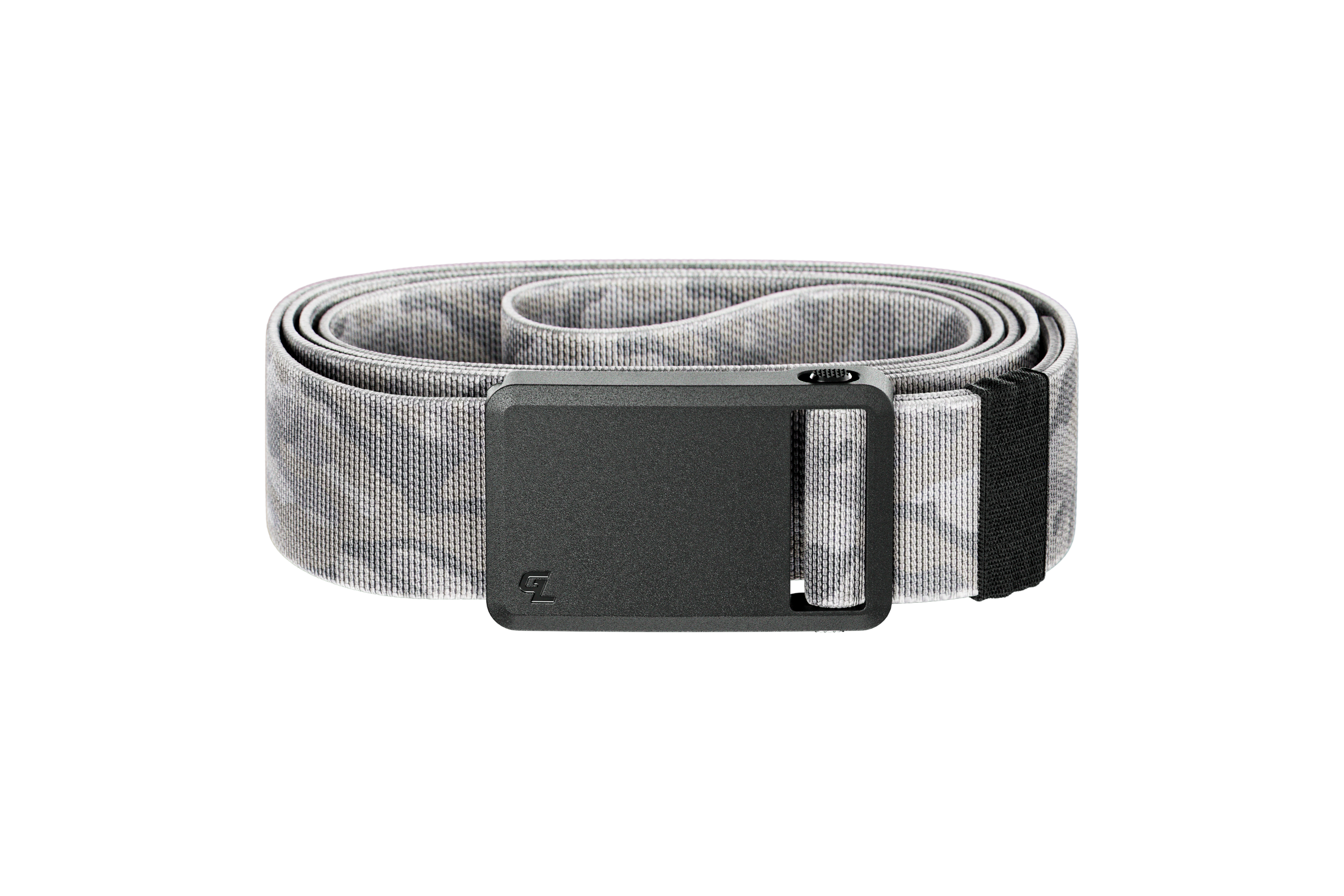 Gray camouflage belt with a black buckle on a white background