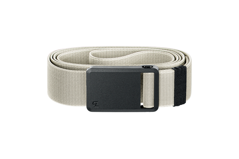 Beige belt with a black buckle on a white background