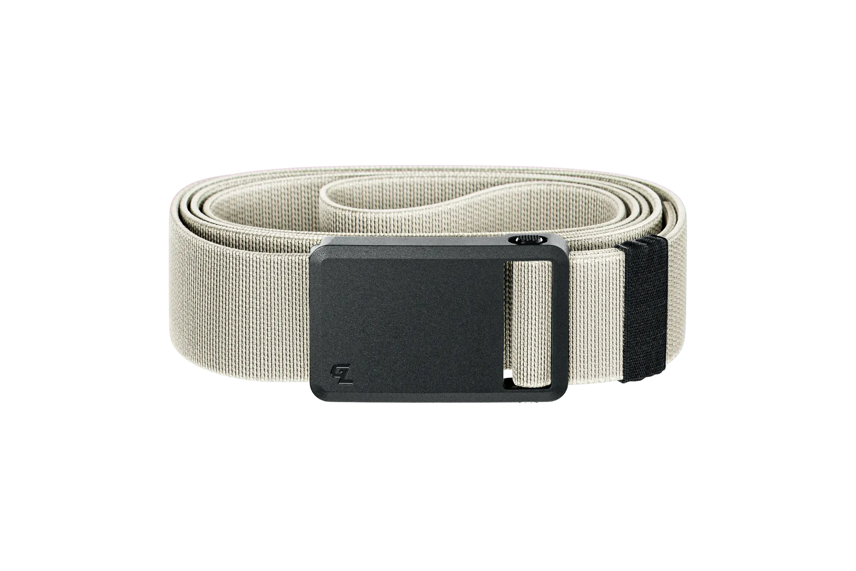 Beige belt with a black buckle on a white background