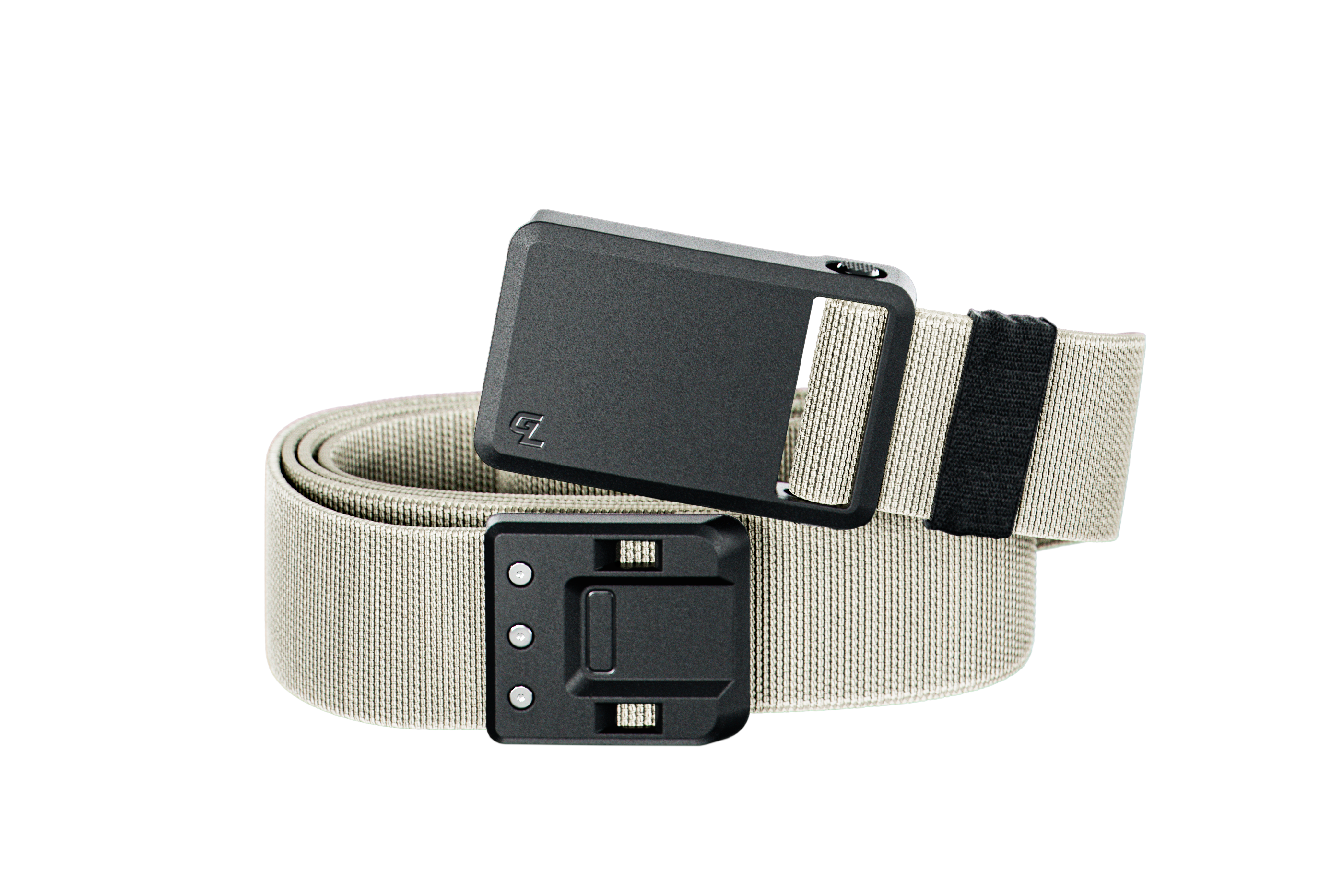 Beige belt with black buckle on a white background