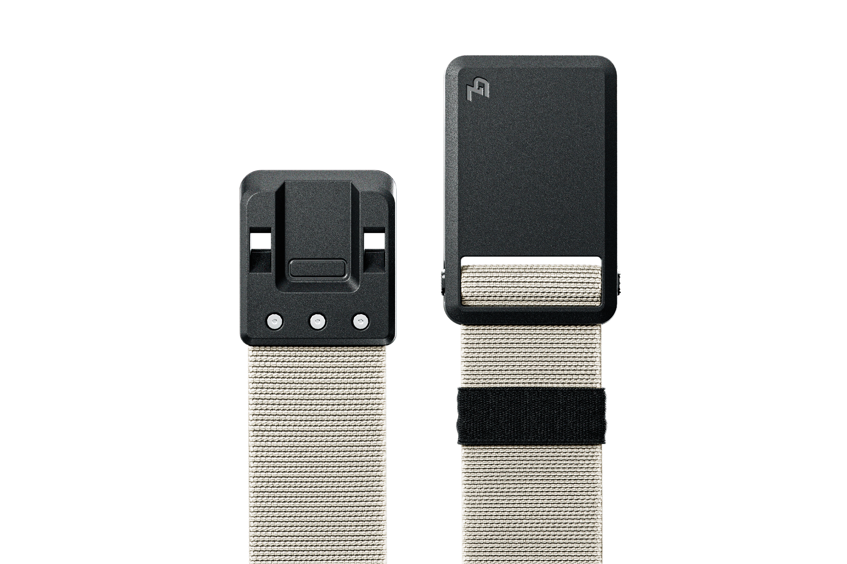 Black belt buckle with beige webbing on a white background