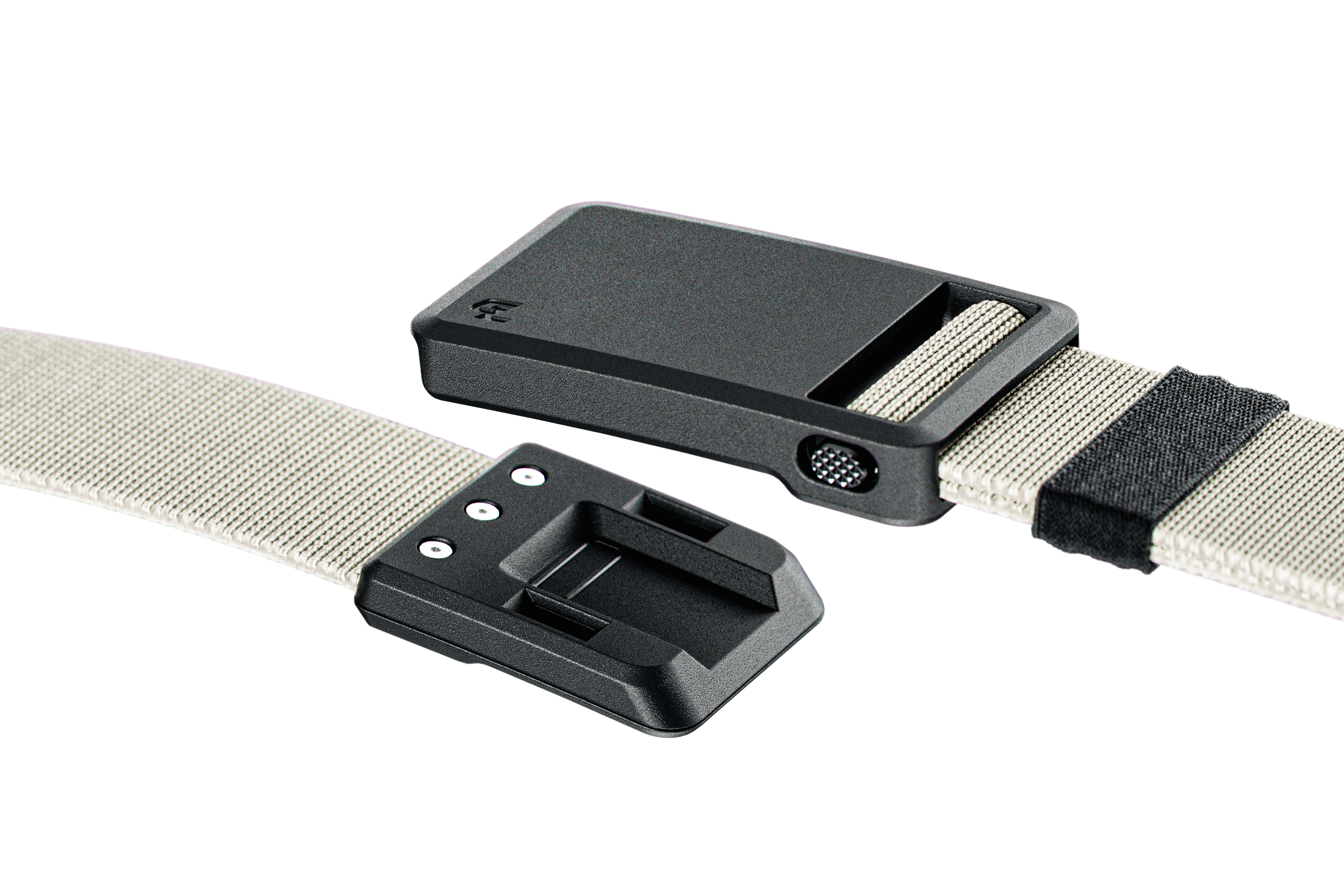 Two black belt buckles with beige straps on a white background