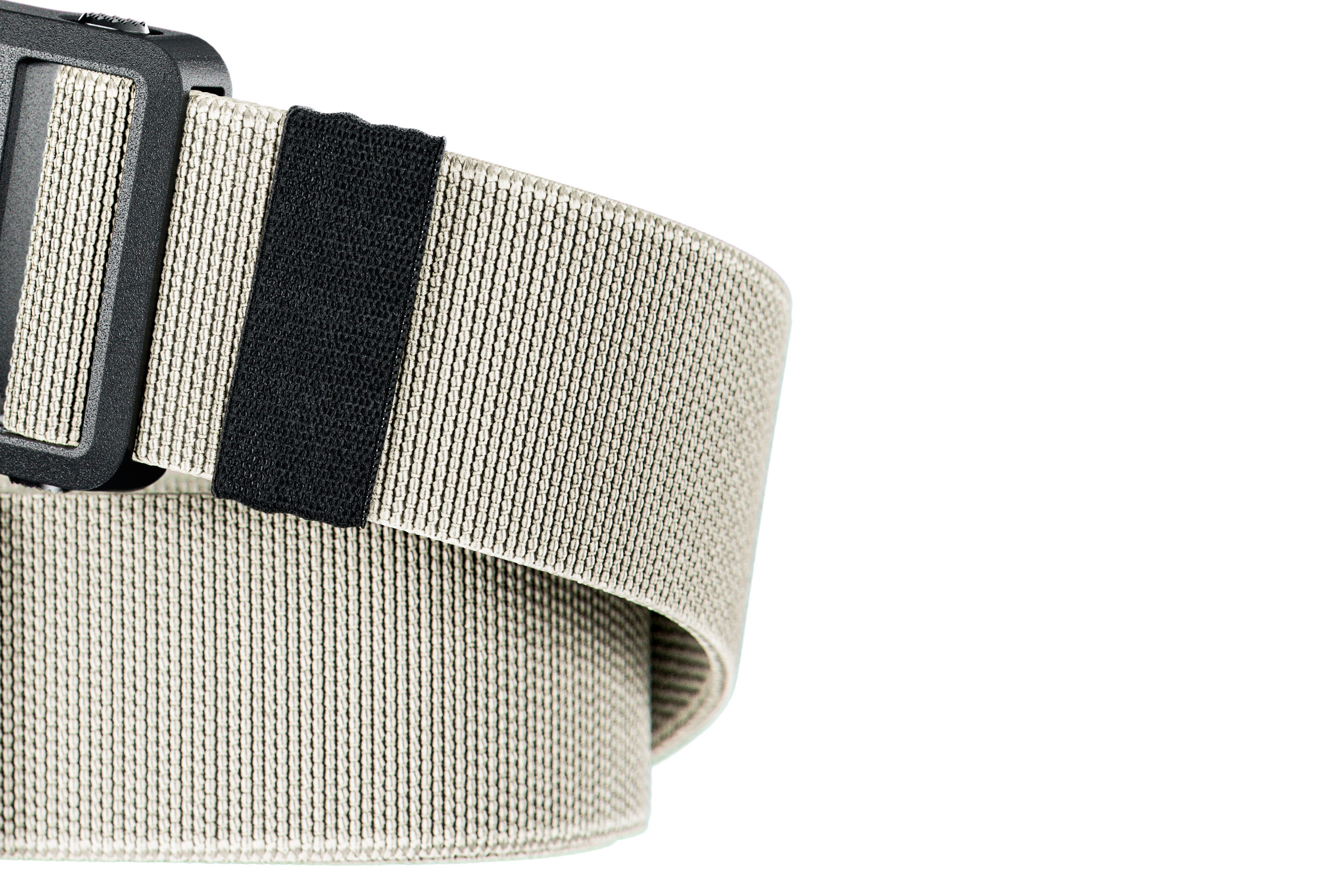 Beige belt with a black buckle on a white background