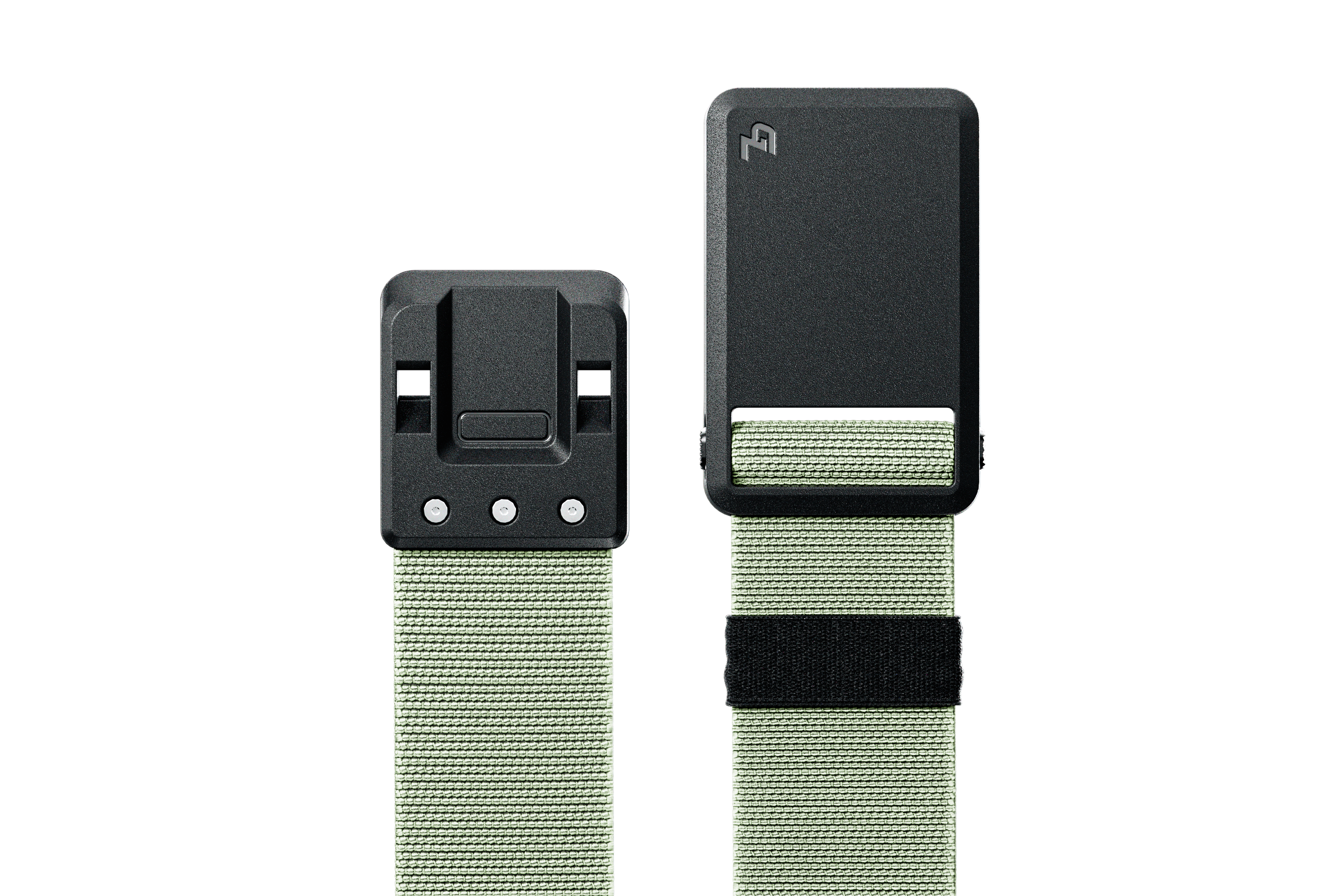 Two green belts with black buckles on a white background