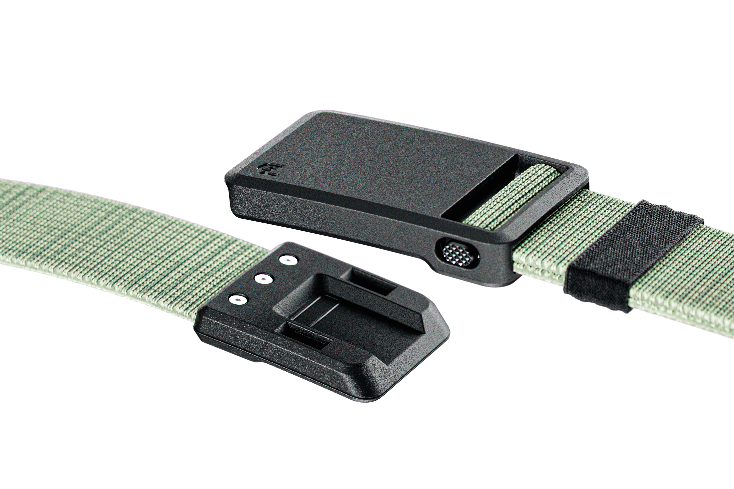 Green webbing belt with black buckle on a white background