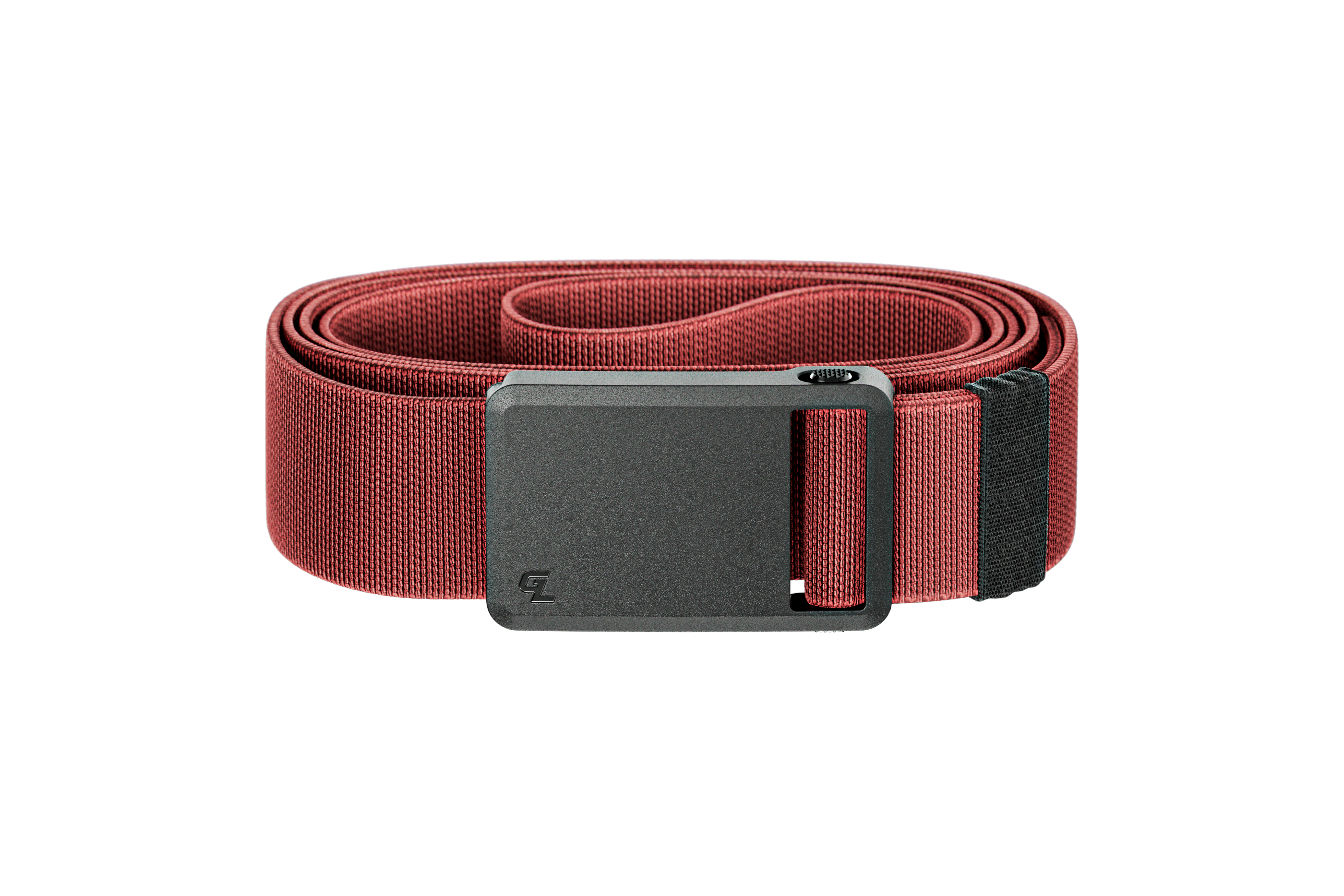 Red belt with a black buckle on a white background