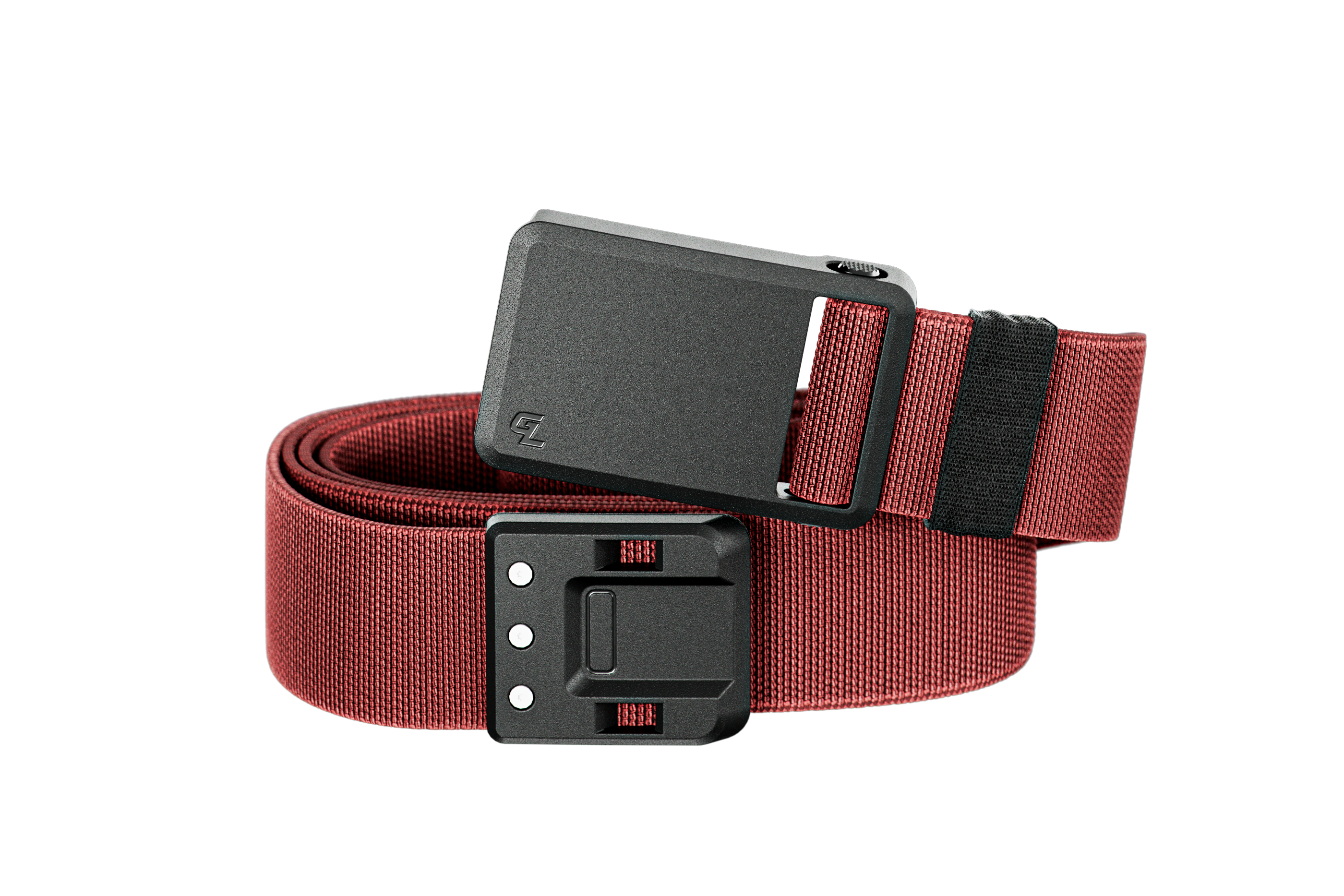 Red belt with a black buckle on a white background