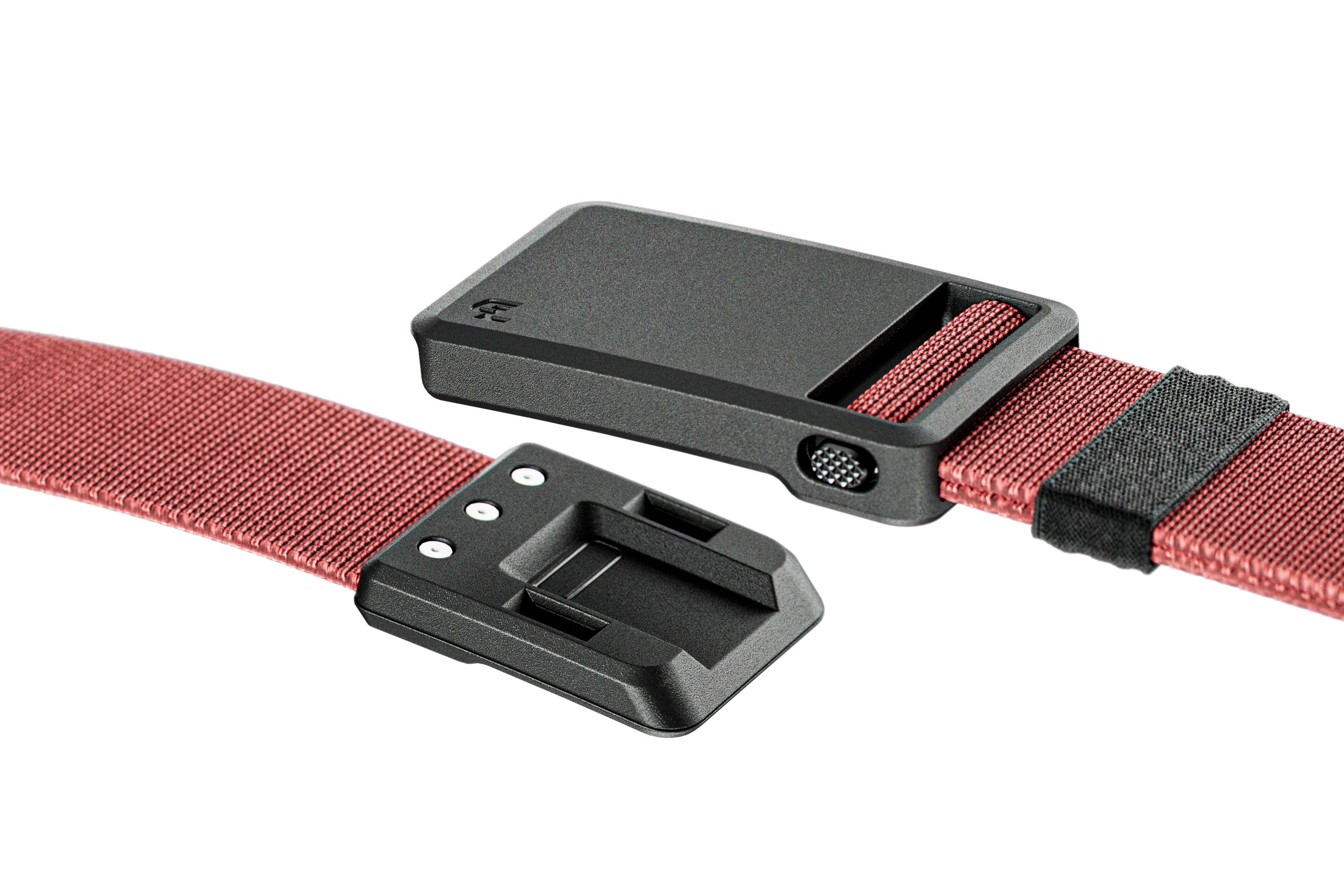 Red belt with a black buckle on a white background