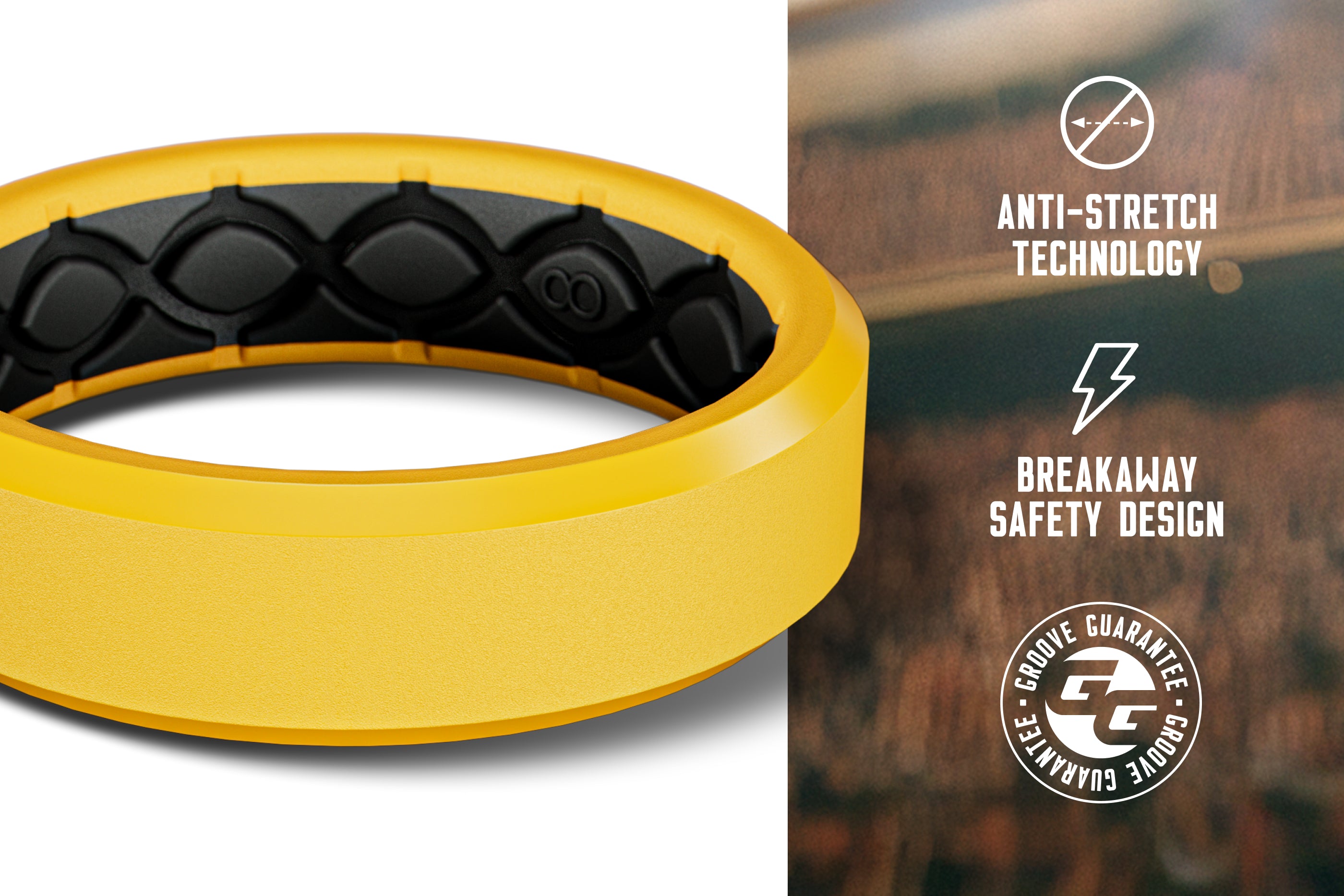Yellow ring with black interior, anti-stretch technology text, and Groove Life logo.