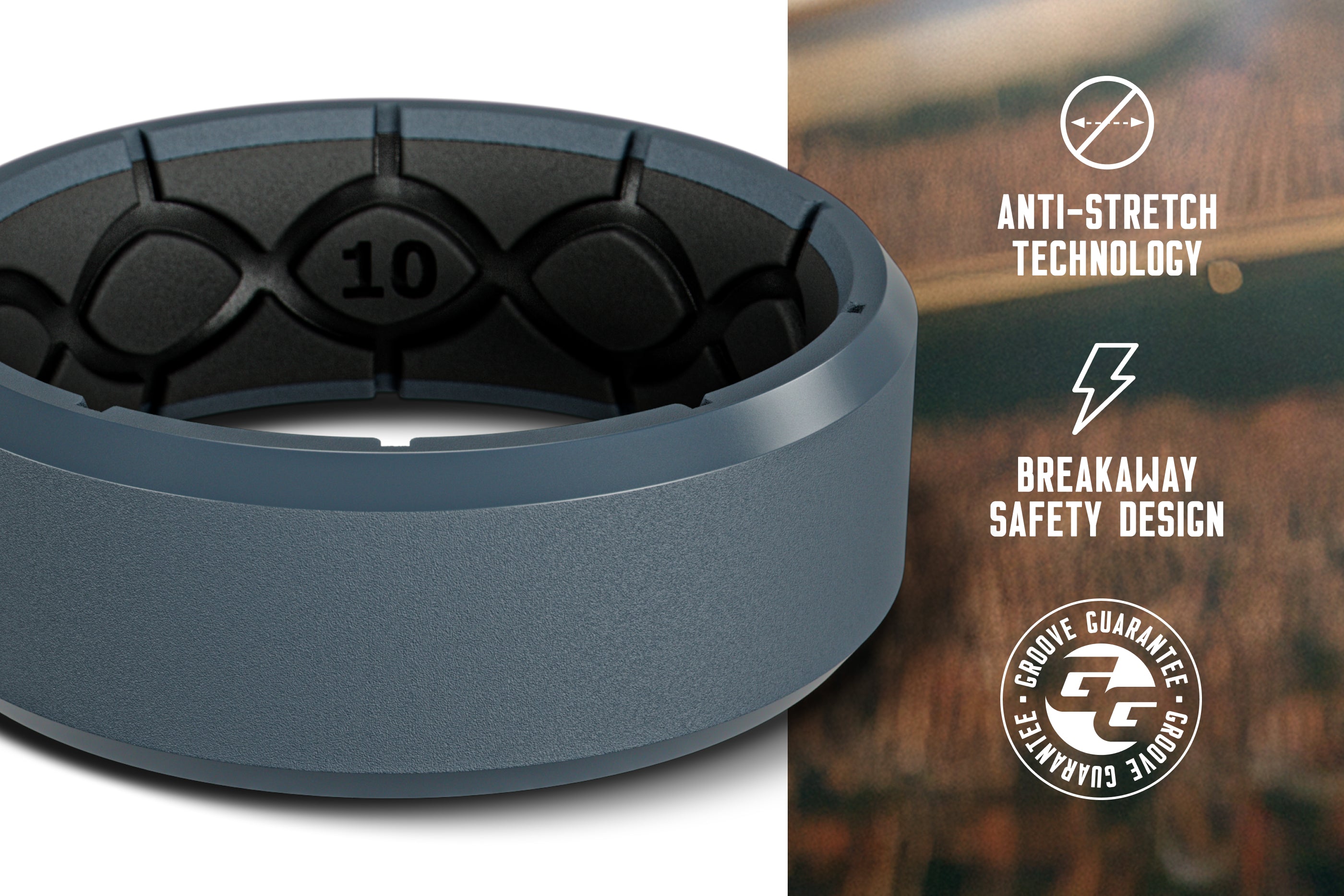 Blue ring with anti-stretch technology and breakaway safety design features on a blurred background.